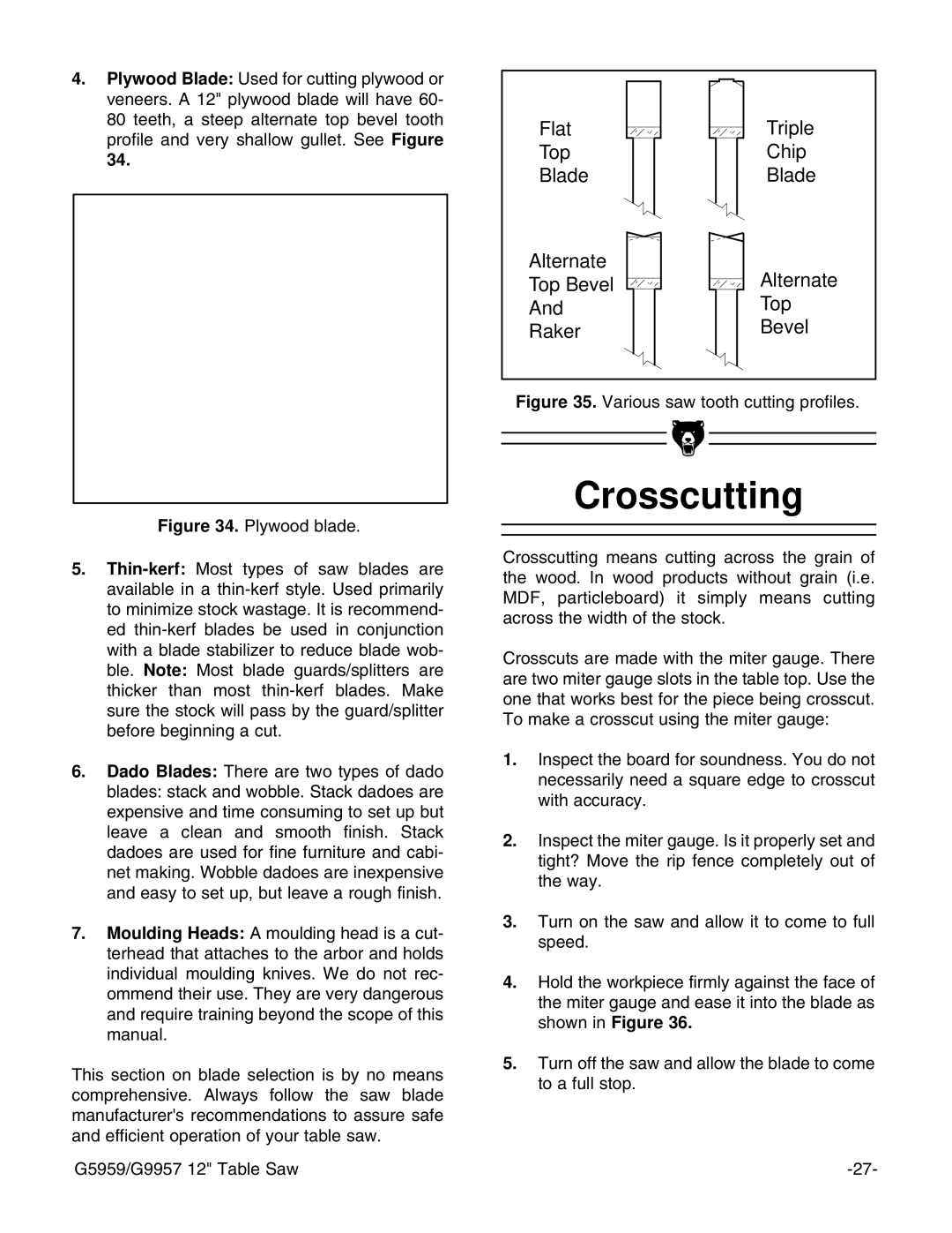 Grizzly G9957, G5959 instruction manual Crosscutting, Various saw tooth cutting profiles 