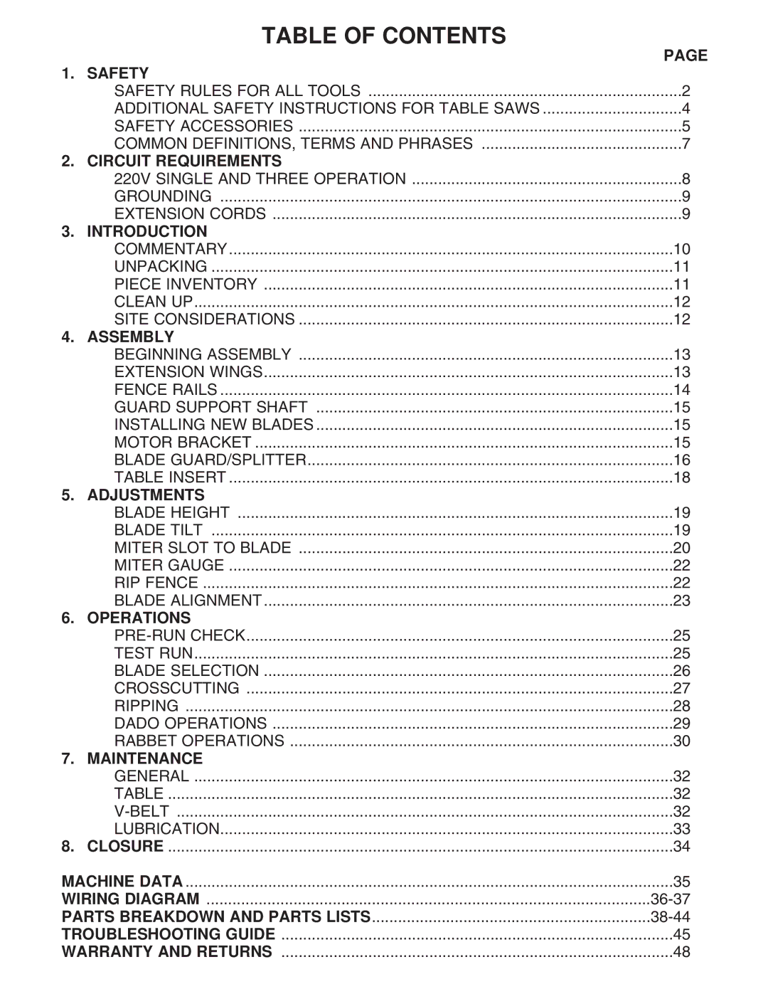 Grizzly G9957, G5959 instruction manual Table of Contents 