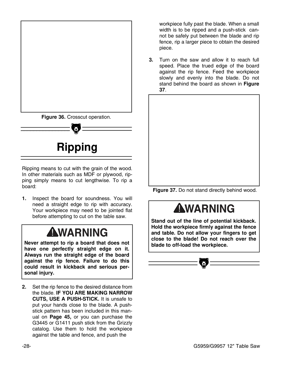 Grizzly G5959, G9957 instruction manual Ripping, Crosscut operation 