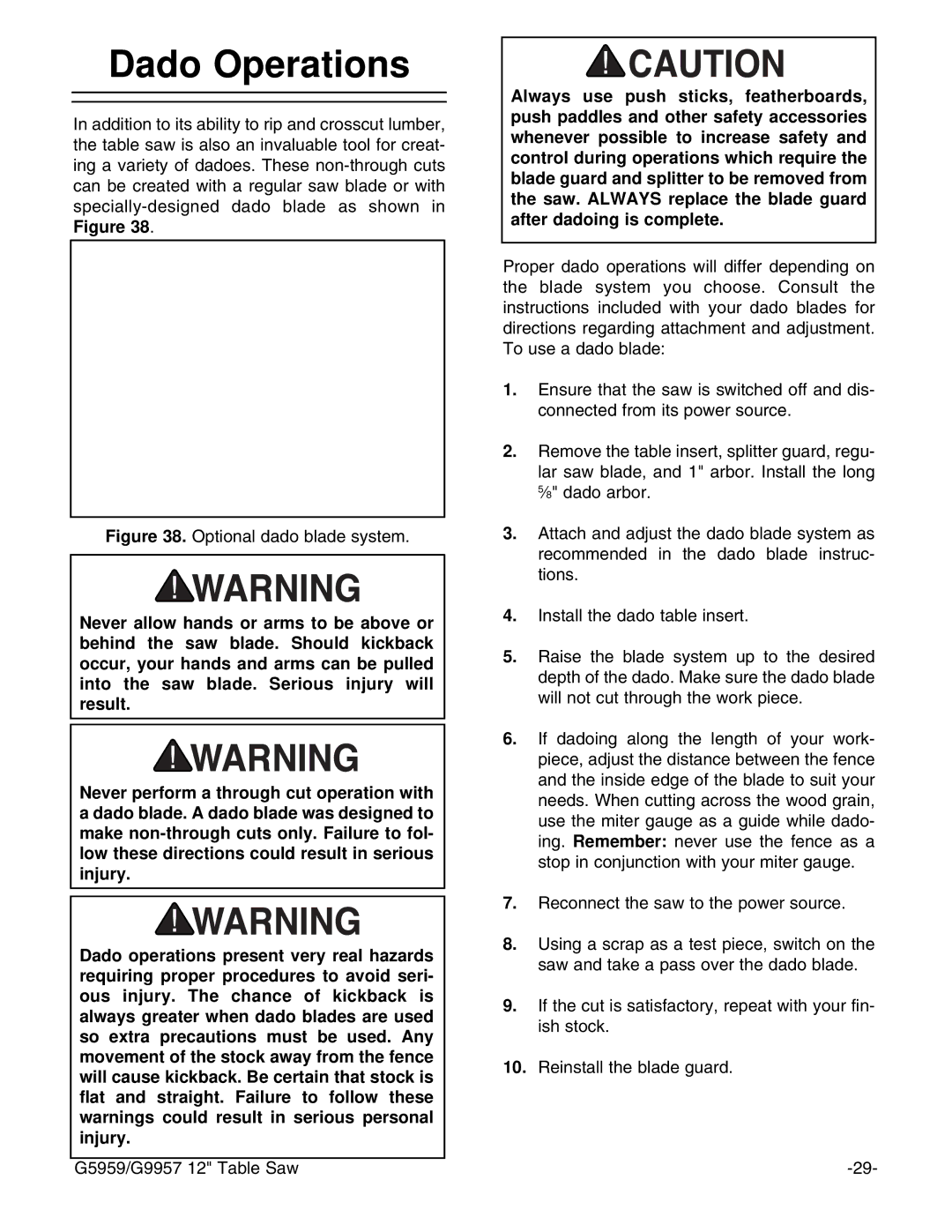 Grizzly G9957, G5959 instruction manual Dado Operations, Optional dado blade system 