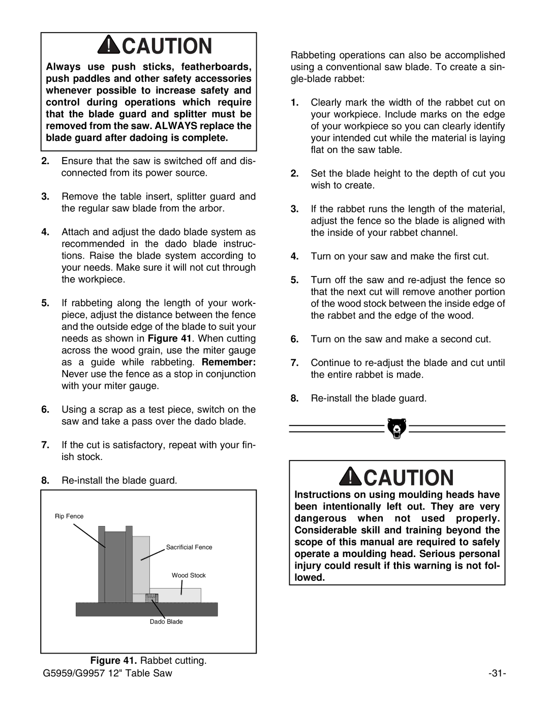 Grizzly instruction manual Rabbet cutting G5959/G9957 12 Table Saw 