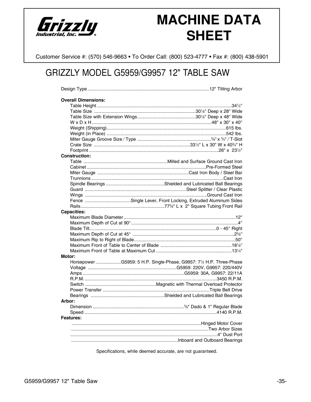 Grizzly G9957, G5959 instruction manual Machine Data Sheet 