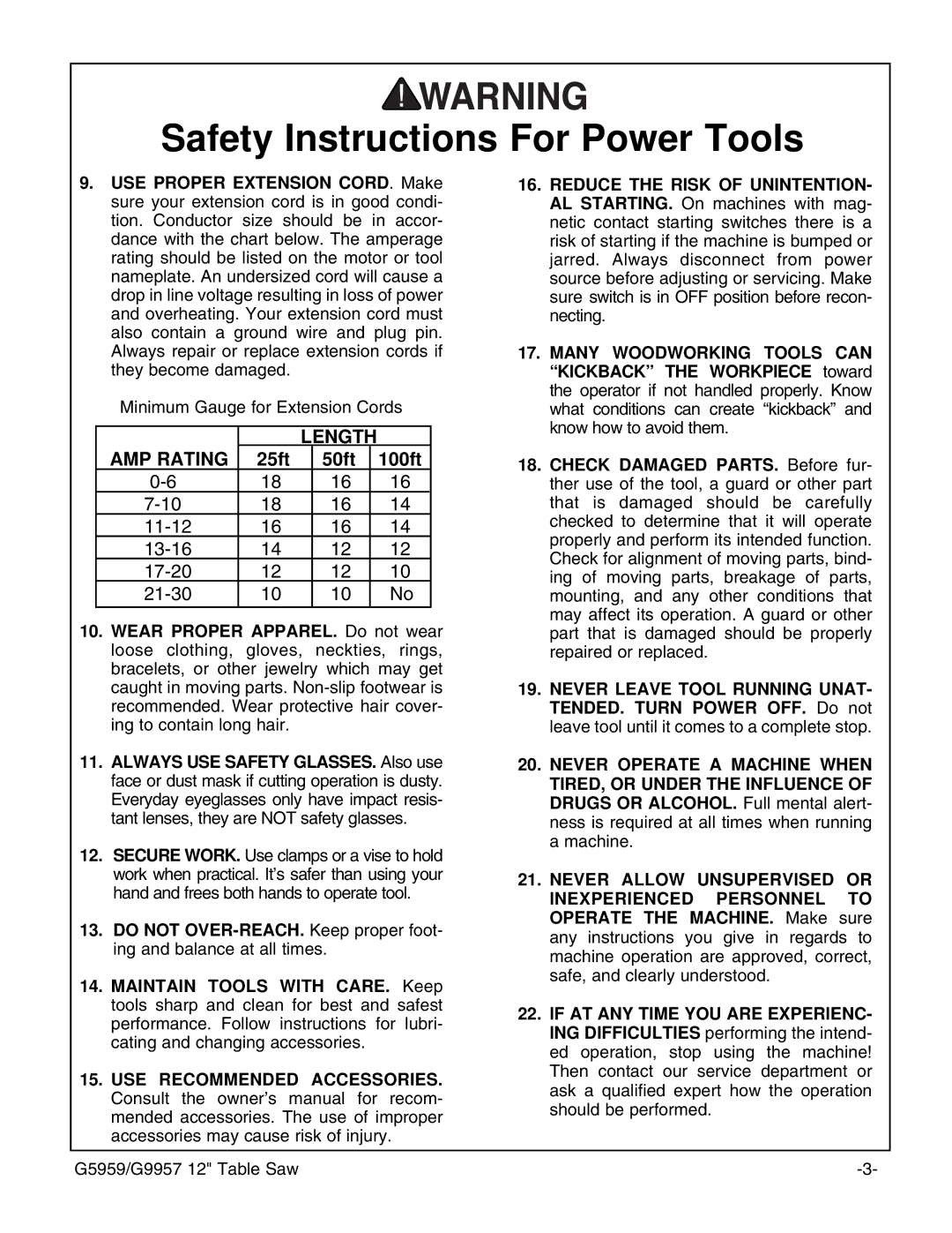 Grizzly G9957, G5959 instruction manual AMP Rating 