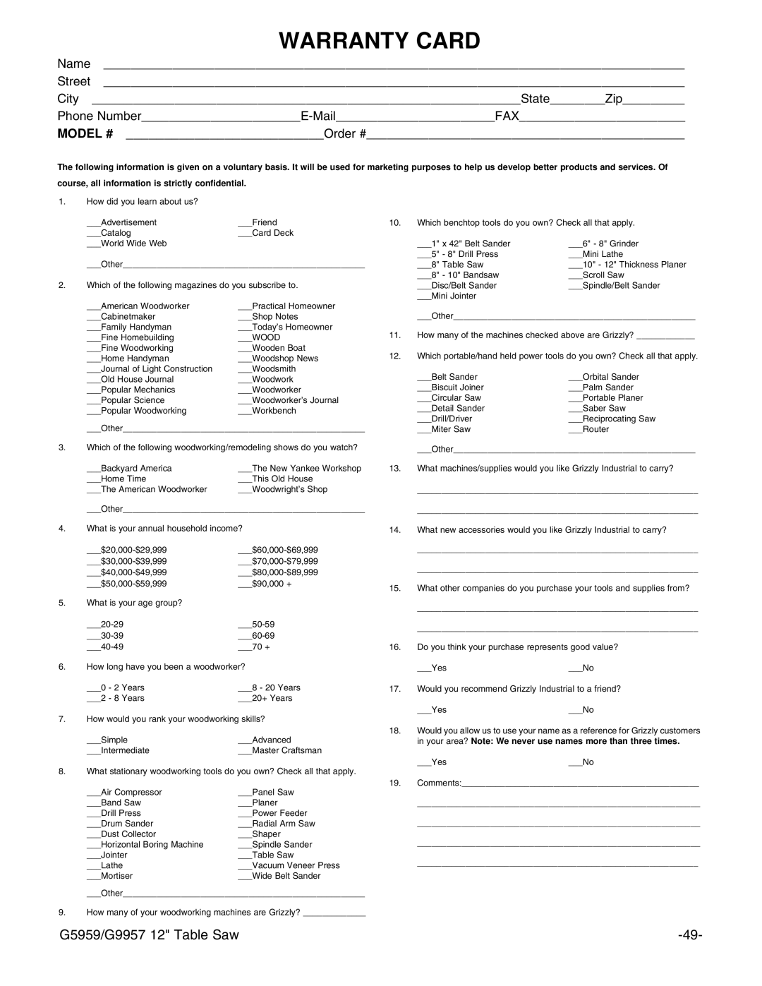 Grizzly G9957, G5959 instruction manual Warranty Card 