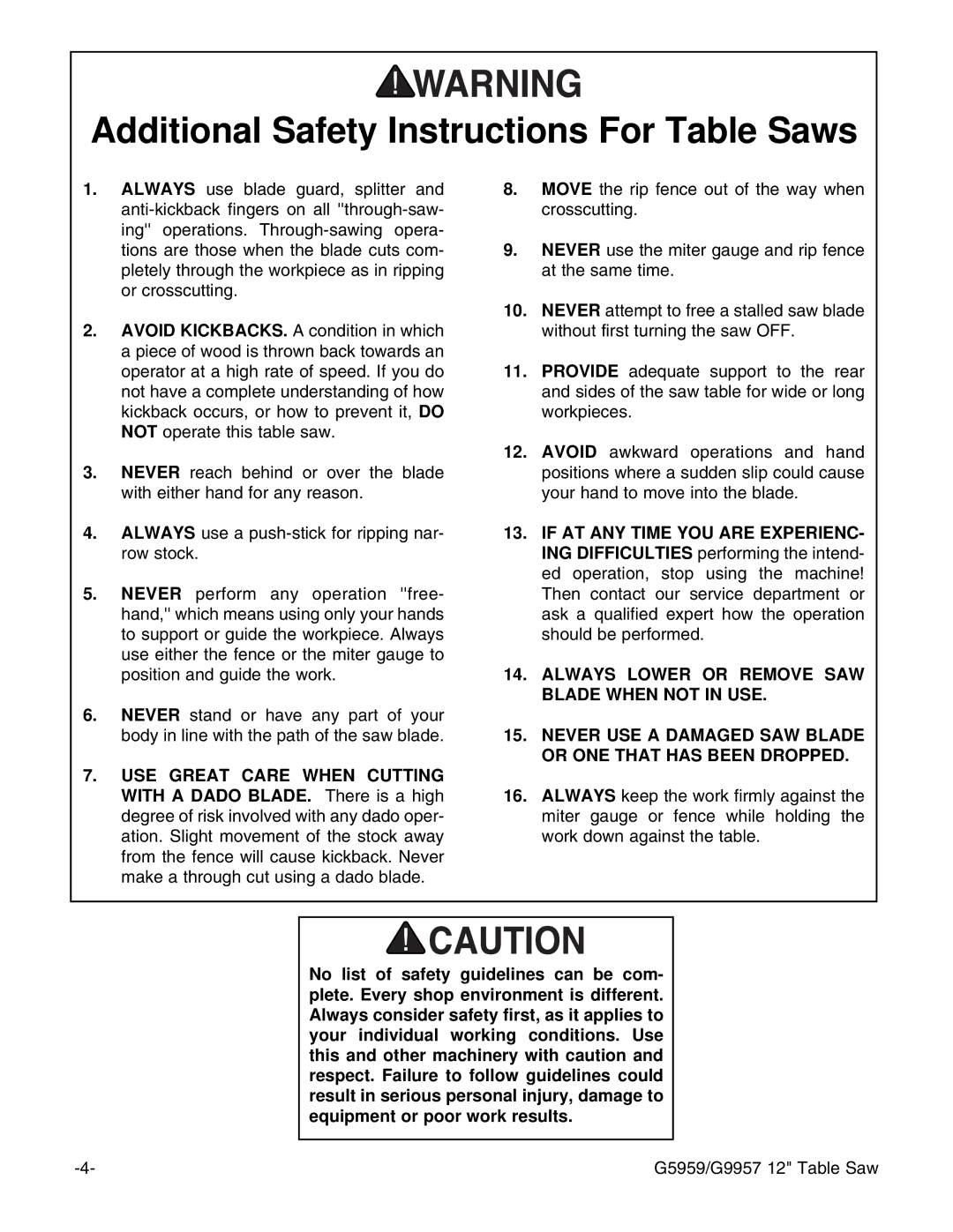 Grizzly G5959, G9957 instruction manual Additional Safety Instructions For Table Saws 