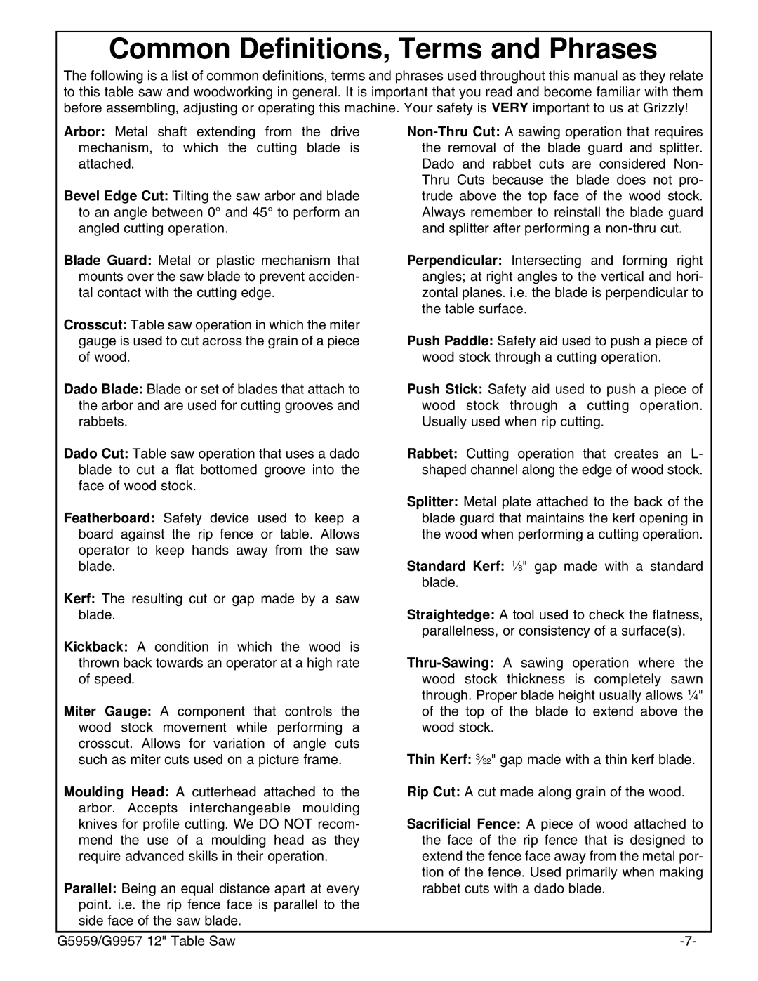 Grizzly G9957, G5959 instruction manual Common Definitions, Terms and Phrases 