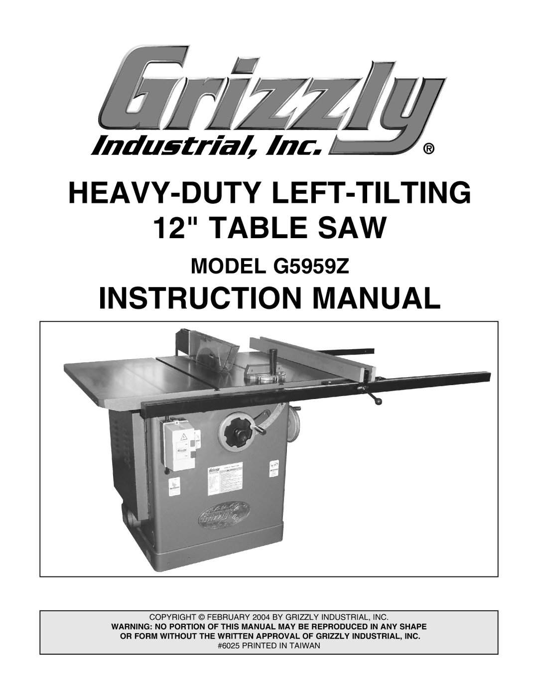 Grizzly G5959Z instruction manual HEAVY-DUTY LEFT-TILTING Table SAW 