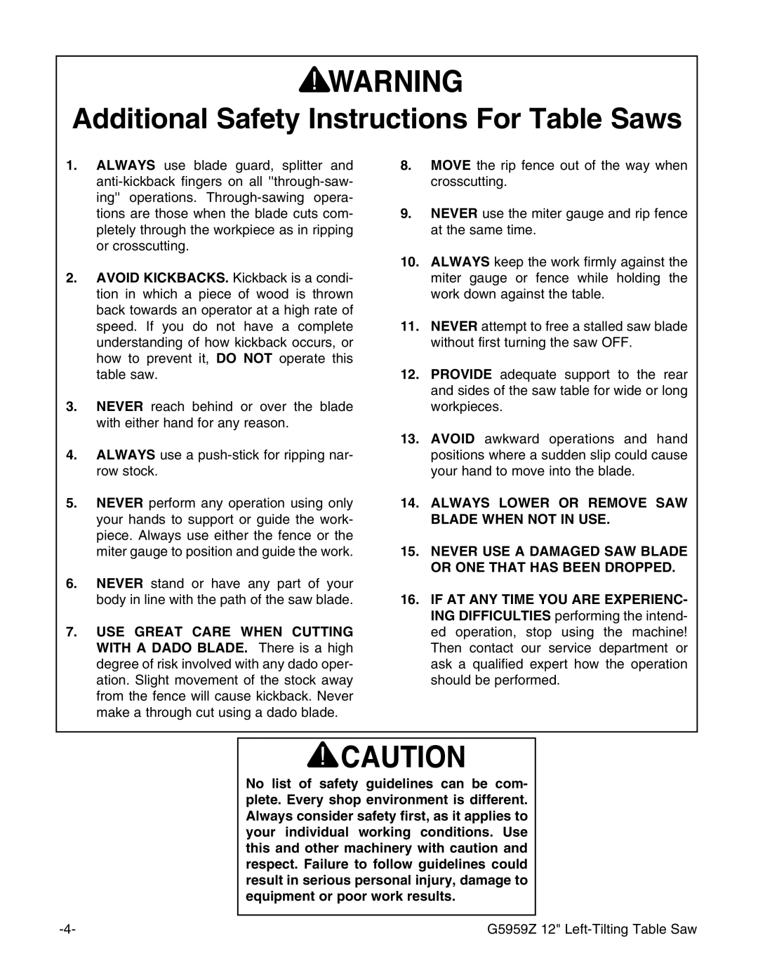 Grizzly G5959Z instruction manual Additional Safety Instructions For Table Saws 