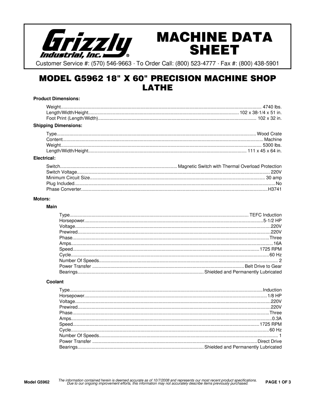 Grizzly G5962 specifications Product Dimensions, Shipping Dimensions, Electrical, Motors Main, Coolant 