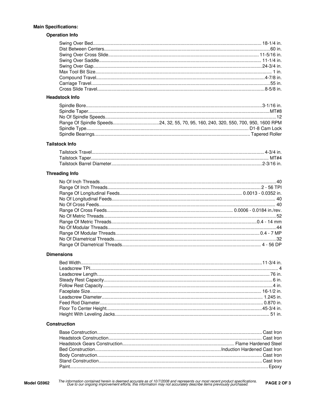 Grizzly G5962 Main Specifications Operation Info, Headstock Info, Tailstock Info, Threading Info, Dimensions, Construction 