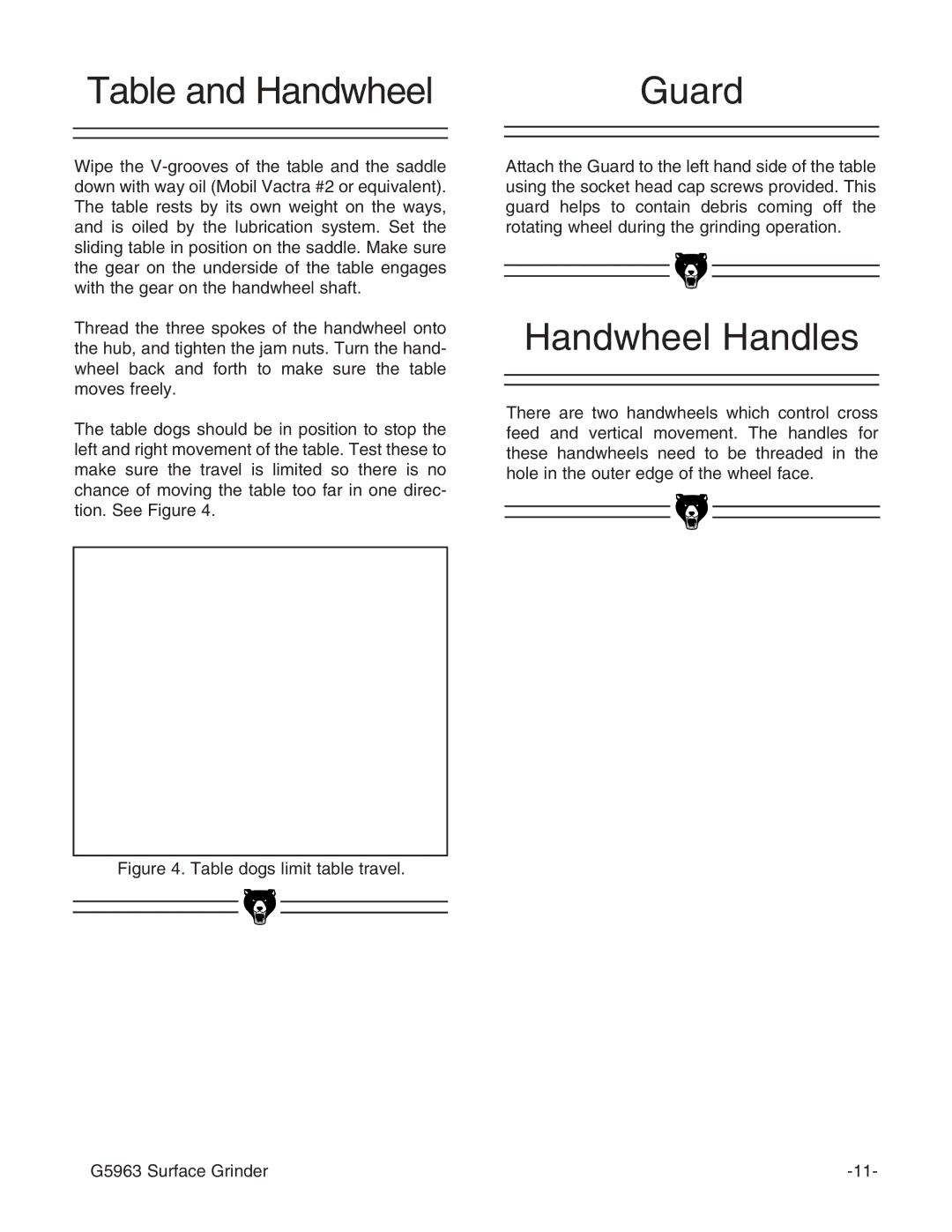 Grizzly G5963 instruction manual Table and Handwheel Guard, Handwheel Handles 