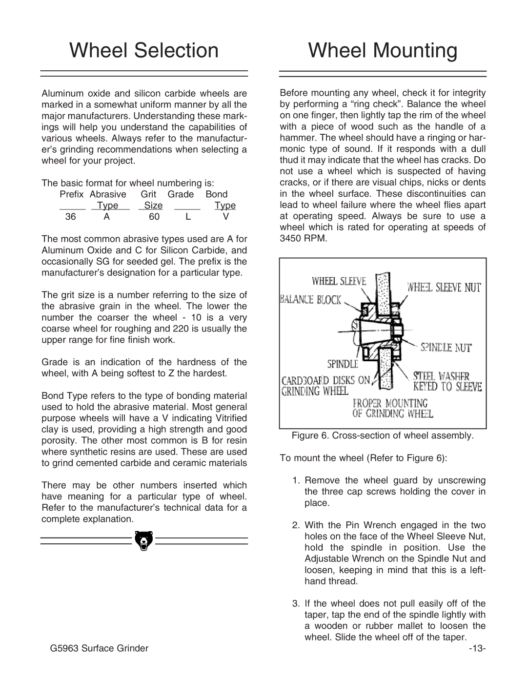 Grizzly G5963 instruction manual Wheel Selection, Wheel Mounting 