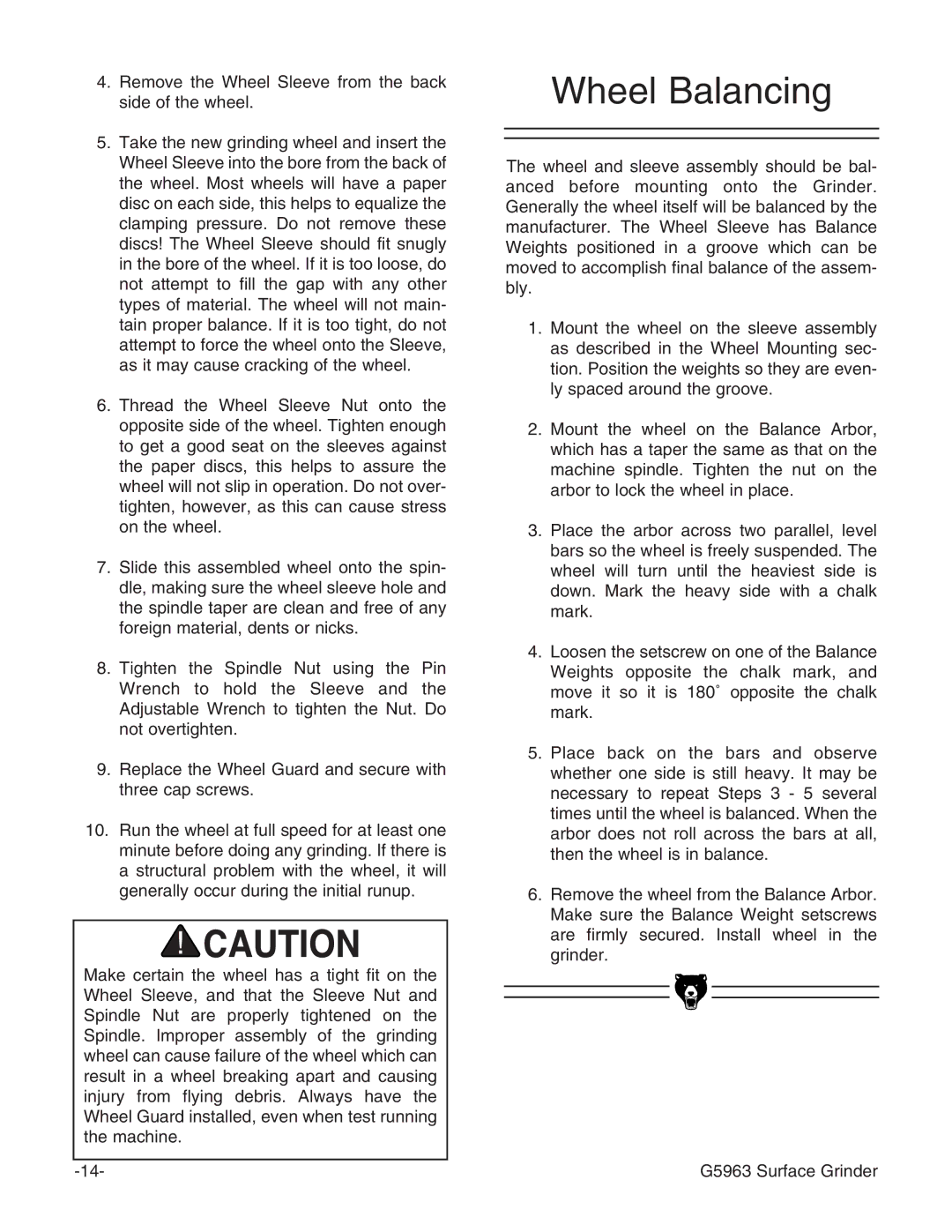 Grizzly G5963 instruction manual Wheel Balancing 