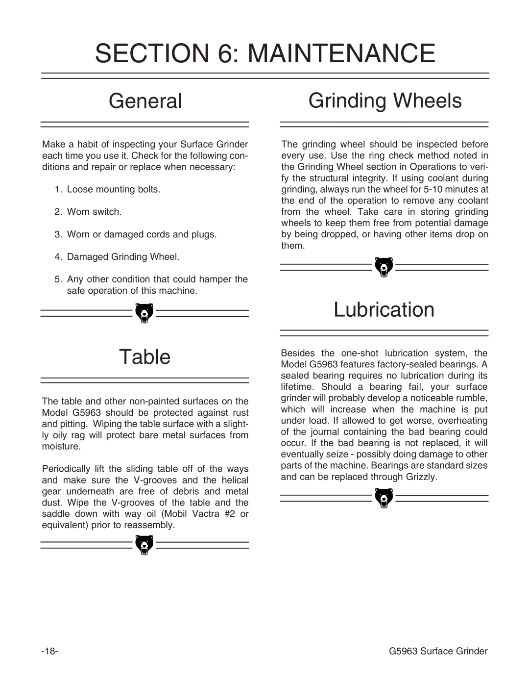 Grizzly G5963 instruction manual Maintenance, General Grinding Wheels, Lubrication 