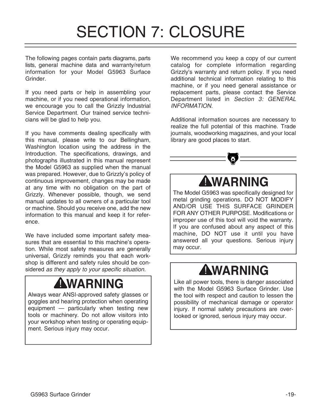 Grizzly G5963 instruction manual Closure 