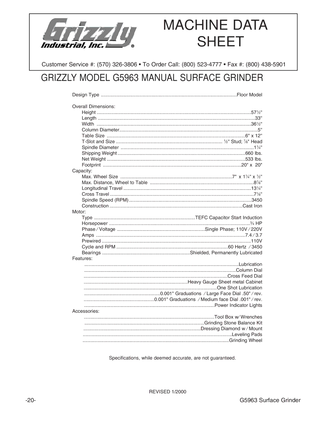 Grizzly G5963 instruction manual Machine Data 