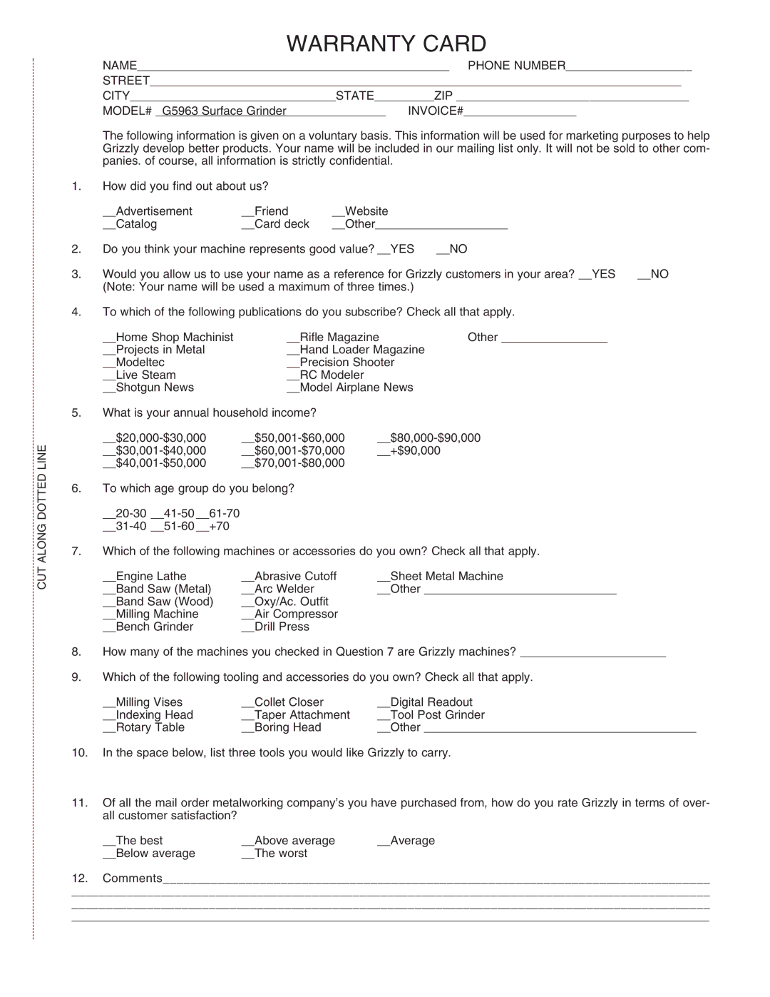 Grizzly G5963 instruction manual Warranty Card 