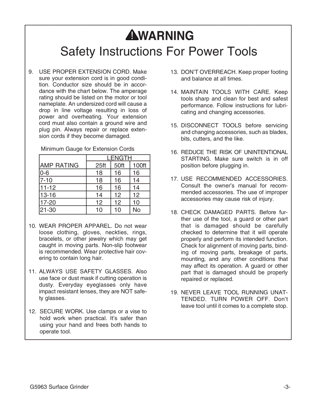 Grizzly G5963 instruction manual Length AMP Rating 