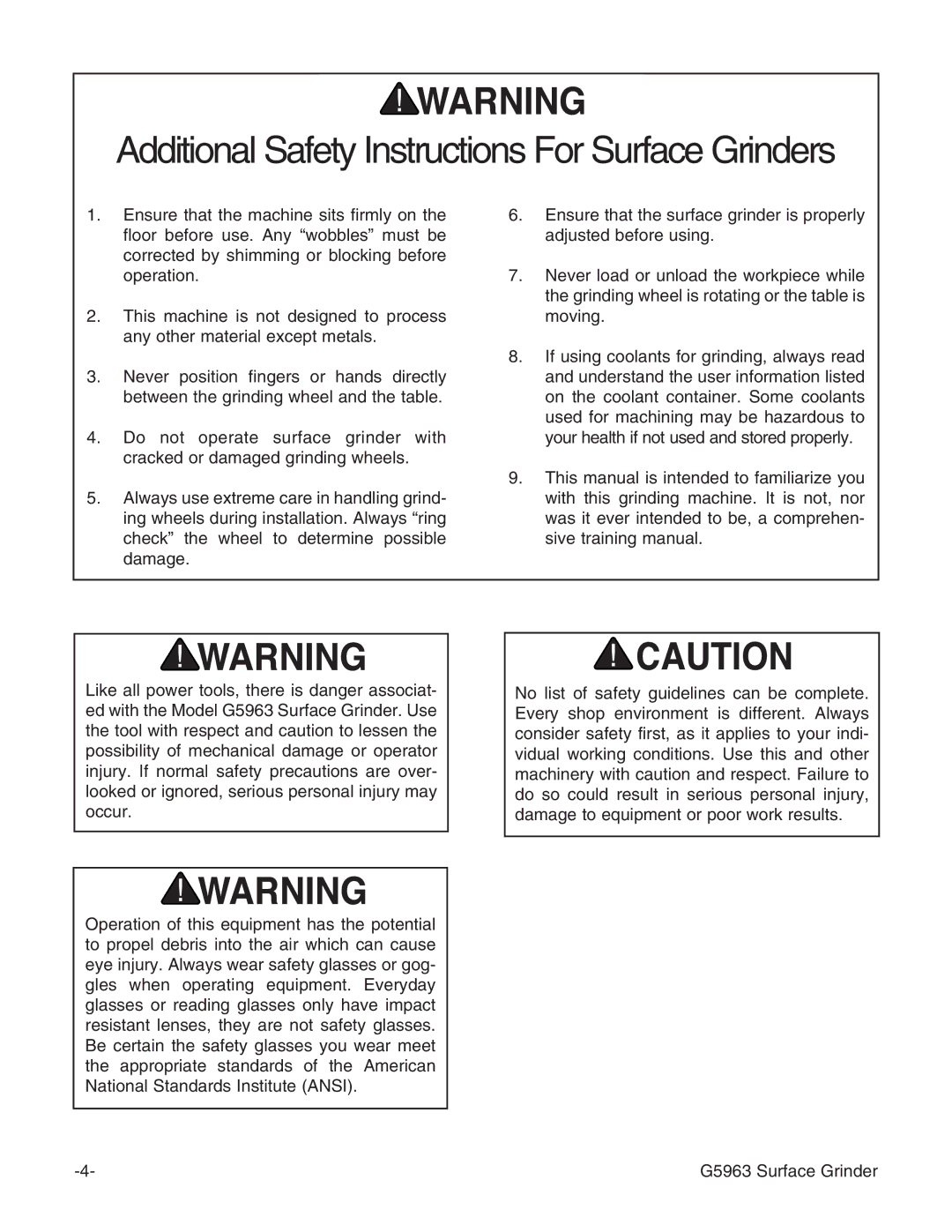 Grizzly G5963 instruction manual Additional Safety Instructions For Surface Grinders 