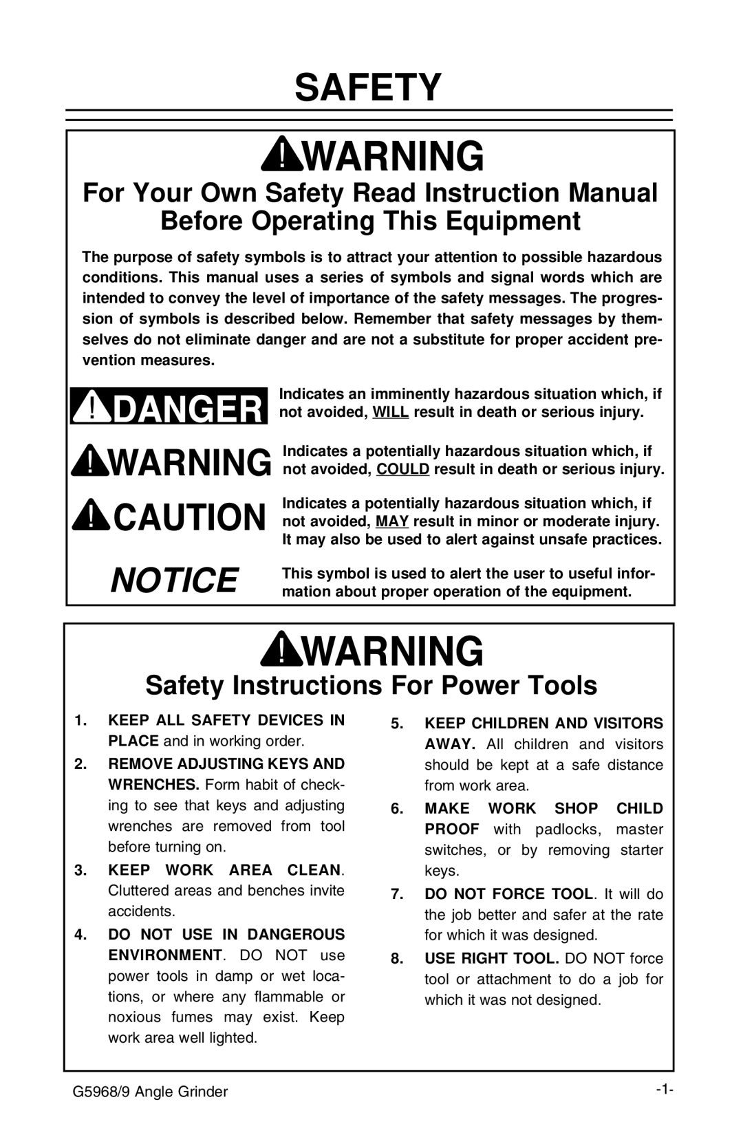 Grizzly G5968/9 instruction manual Safety, Before Operating This Equipment 