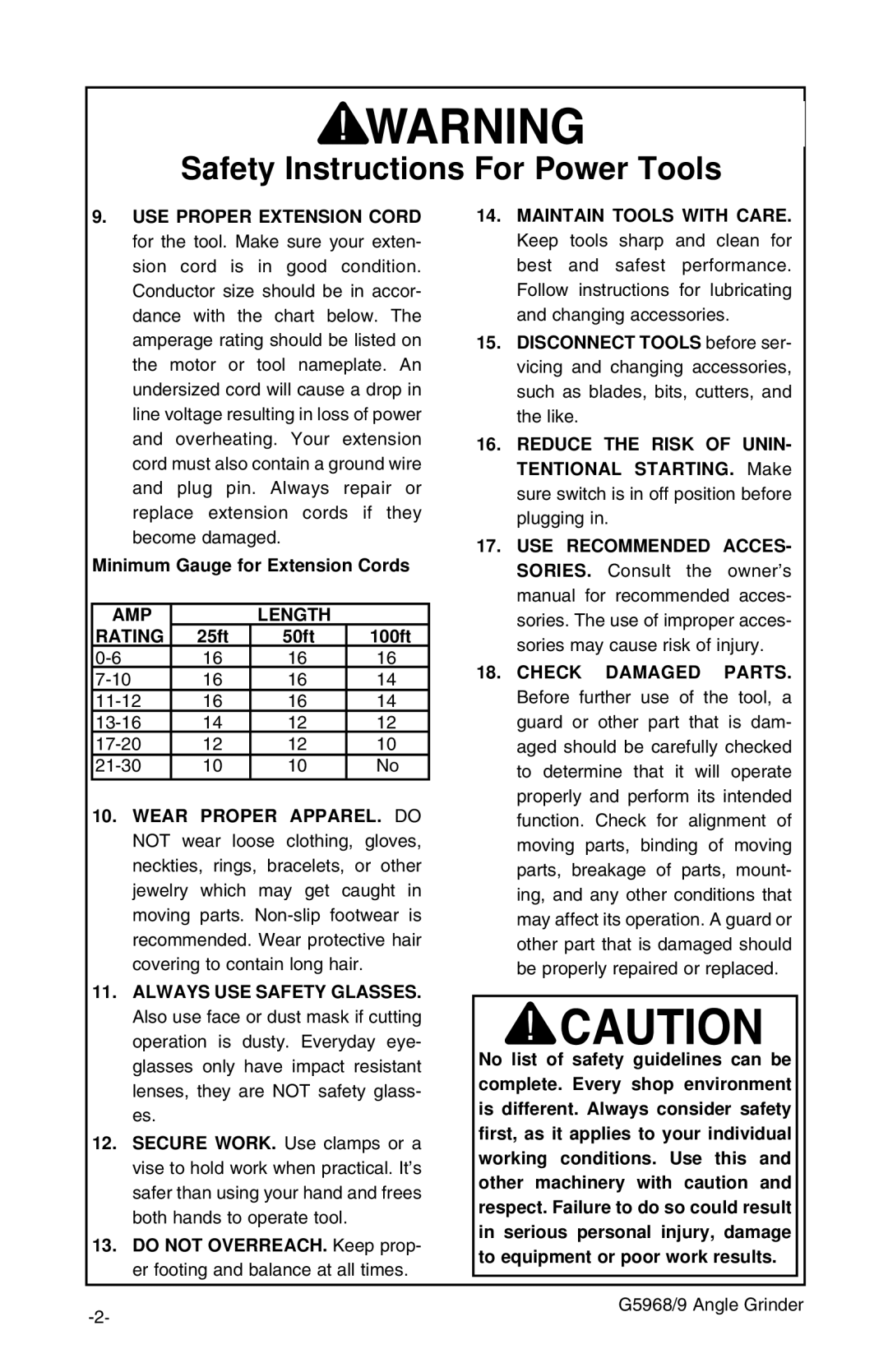 Grizzly G5968/9 instruction manual AMP Length Rating 