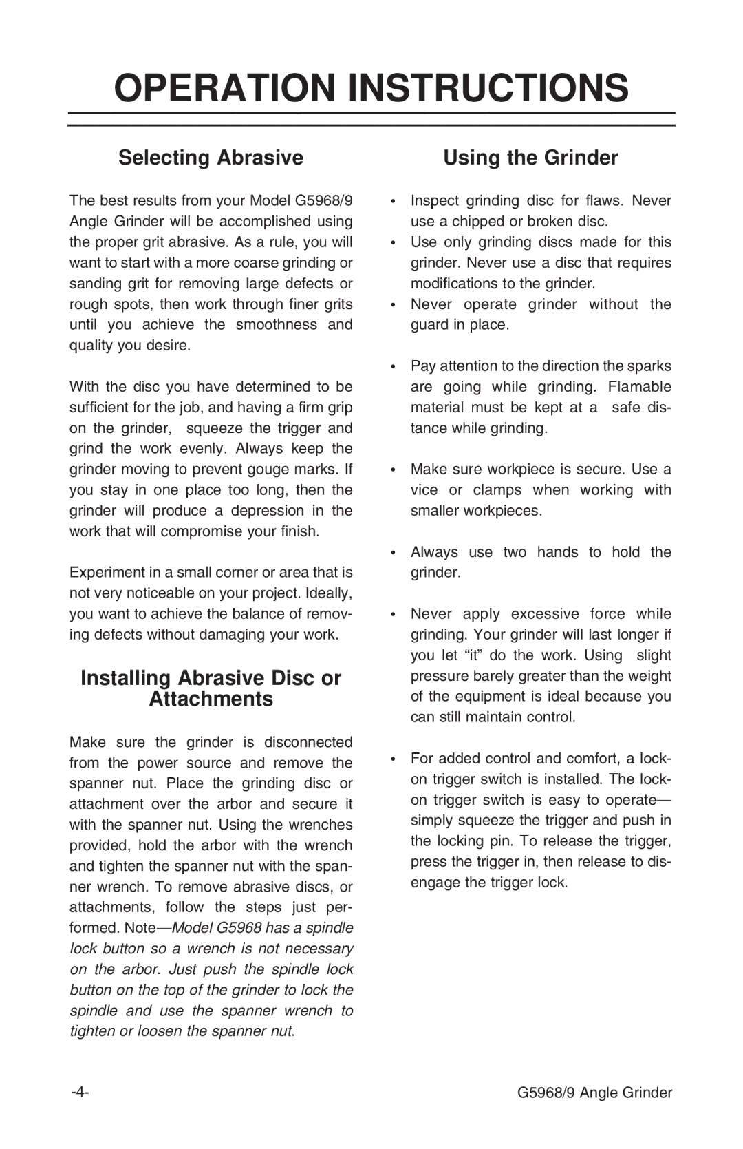 Grizzly G5968/9 Operation Instructions, Selecting Abrasive, Installing Abrasive Disc or Attachments, Using the Grinder 