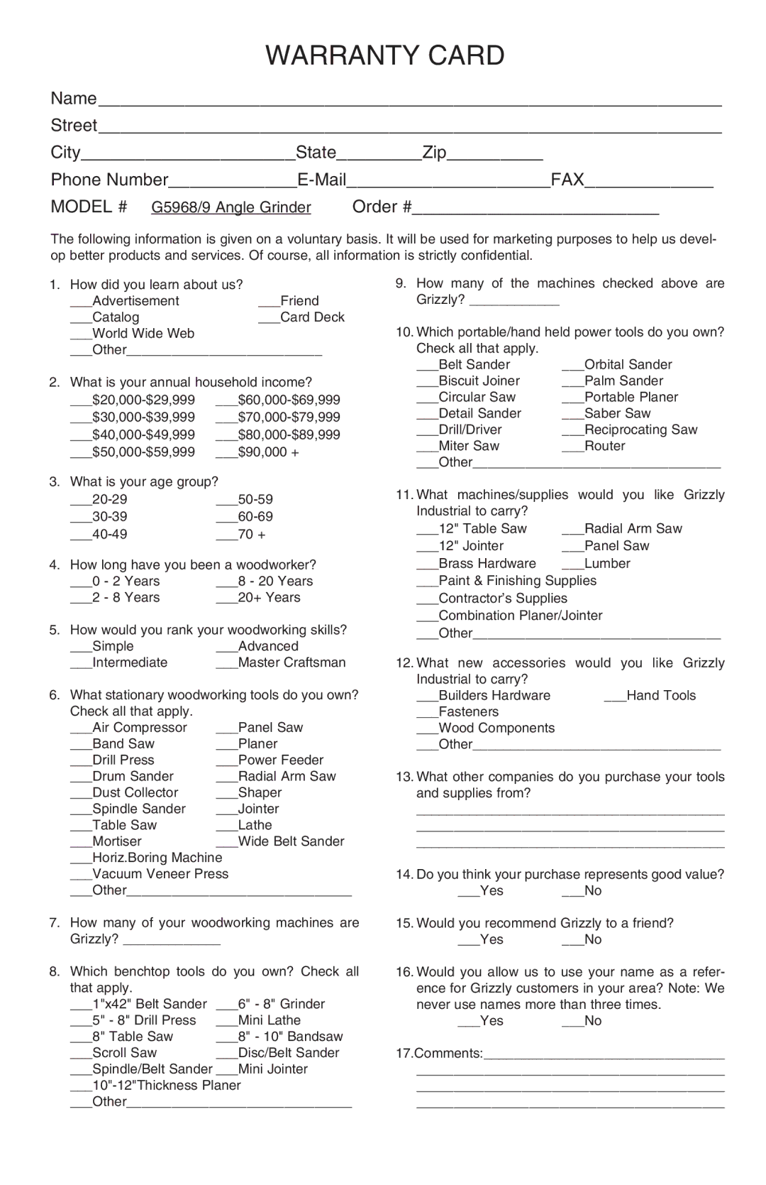 Grizzly G5968, G5969 instruction manual Warranty Card 