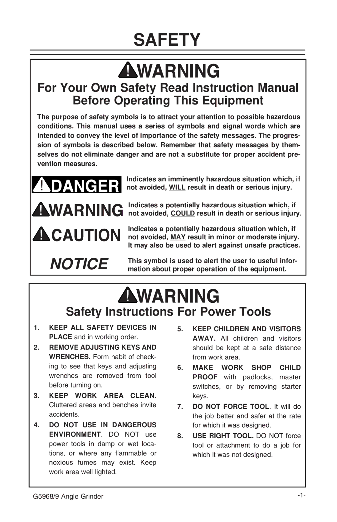 Grizzly G5968, G5969 instruction manual Safety, Before Operating This Equipment 