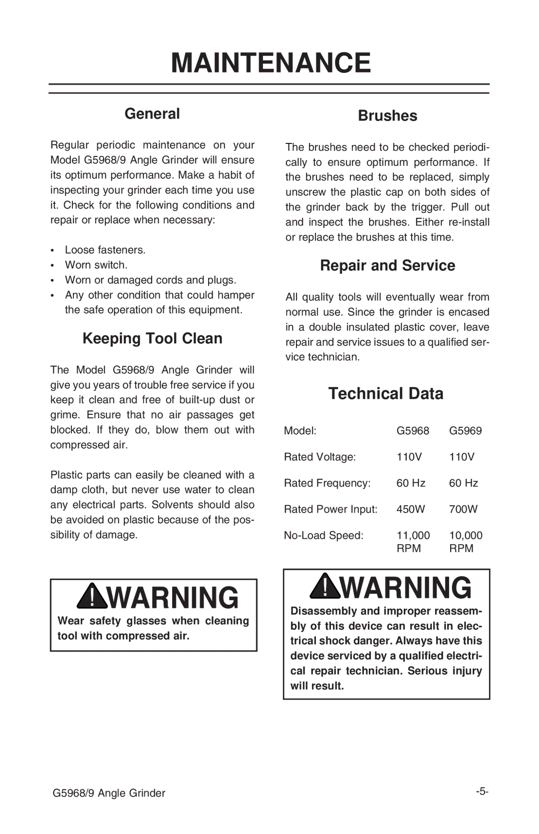 Grizzly G5968, G5969 instruction manual Maintenance, Technical Data 