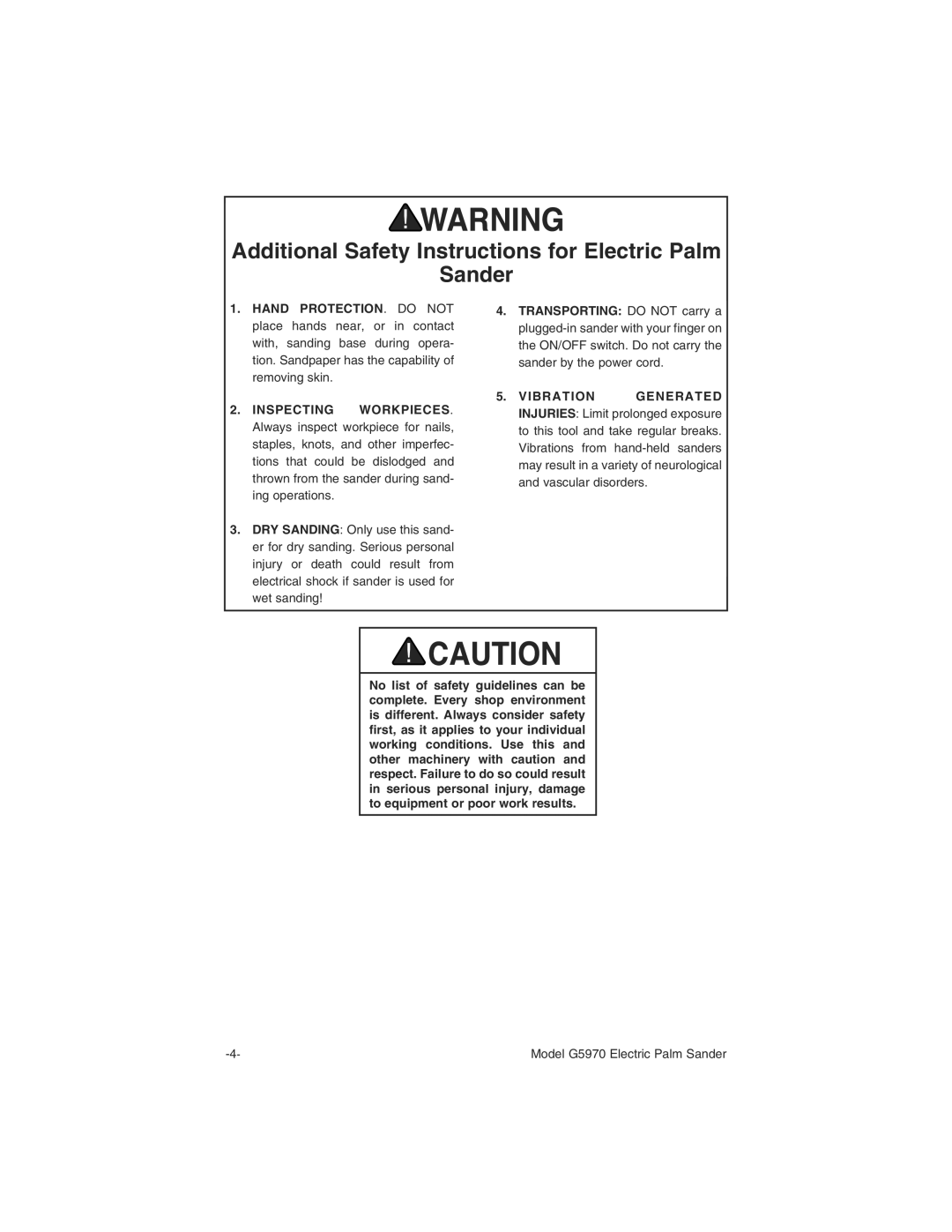 Grizzly G5970 manual Dditional 3AFETY Nstructions FORO%LECTRIC 0ALM 3ANDER,  62!4/.! %.%2!4%$2 