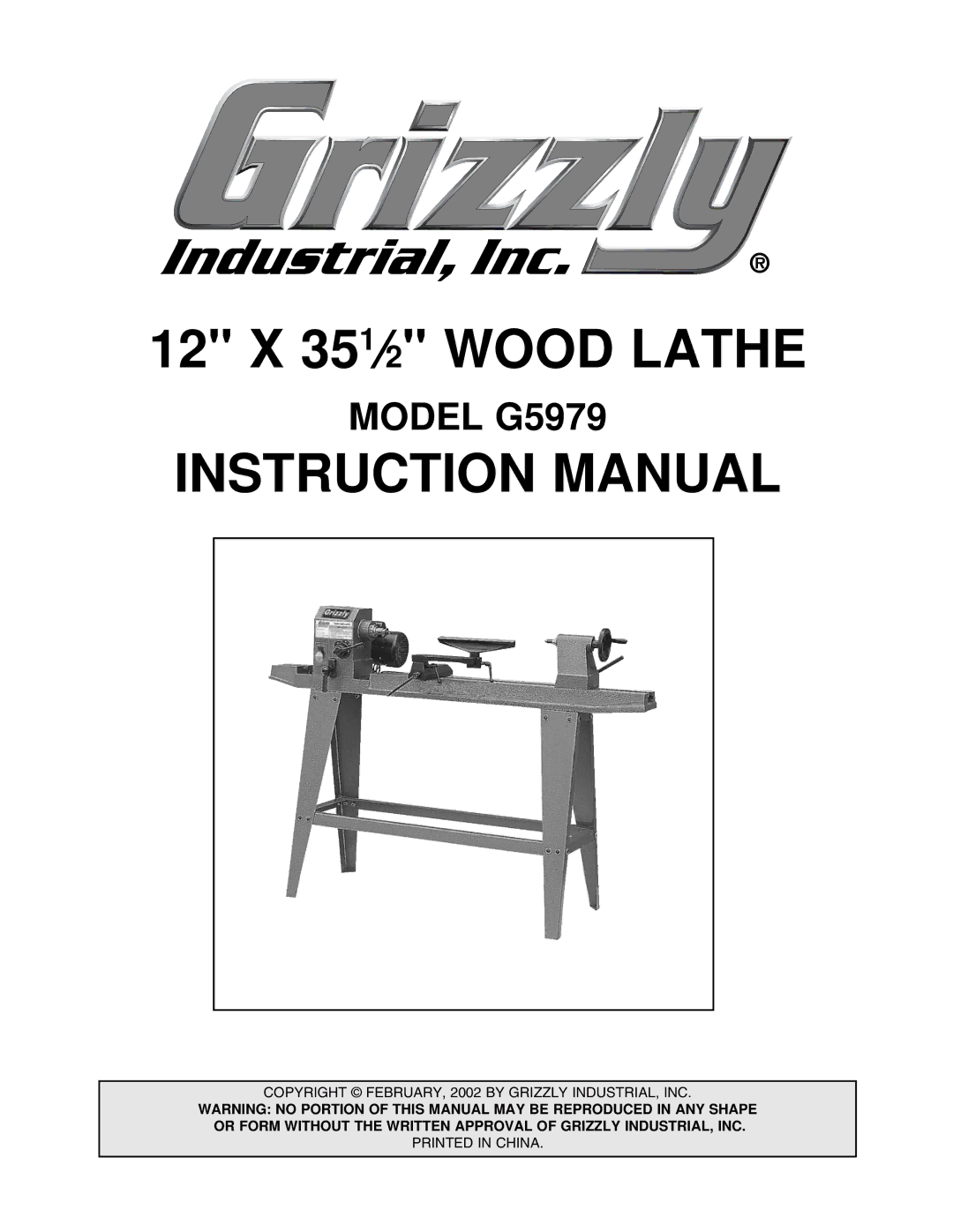 Grizzly G5979 instruction manual 12 X 351⁄2 Wood Lathe 