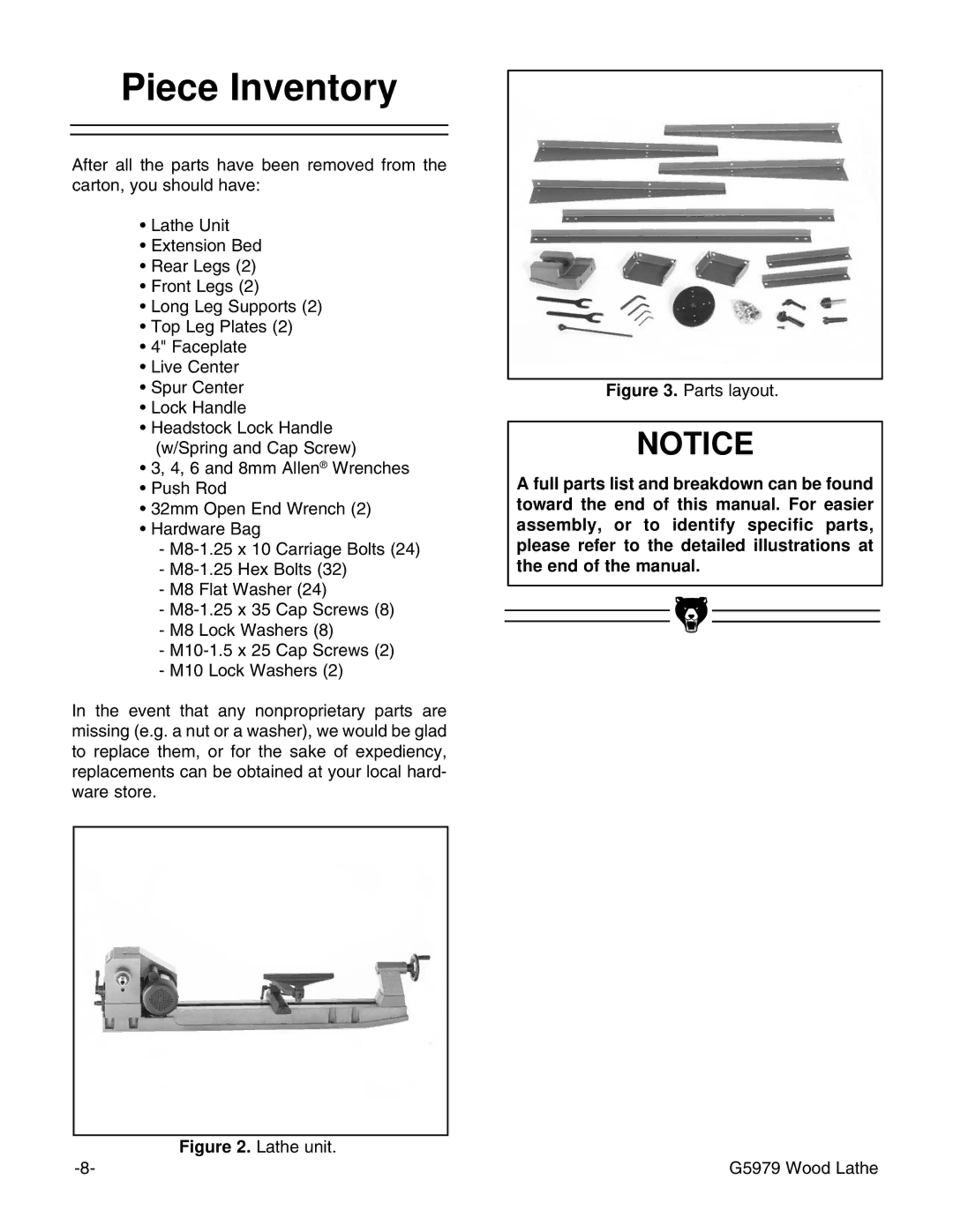 Grizzly G5979 instruction manual Piece Inventory, Parts layout 