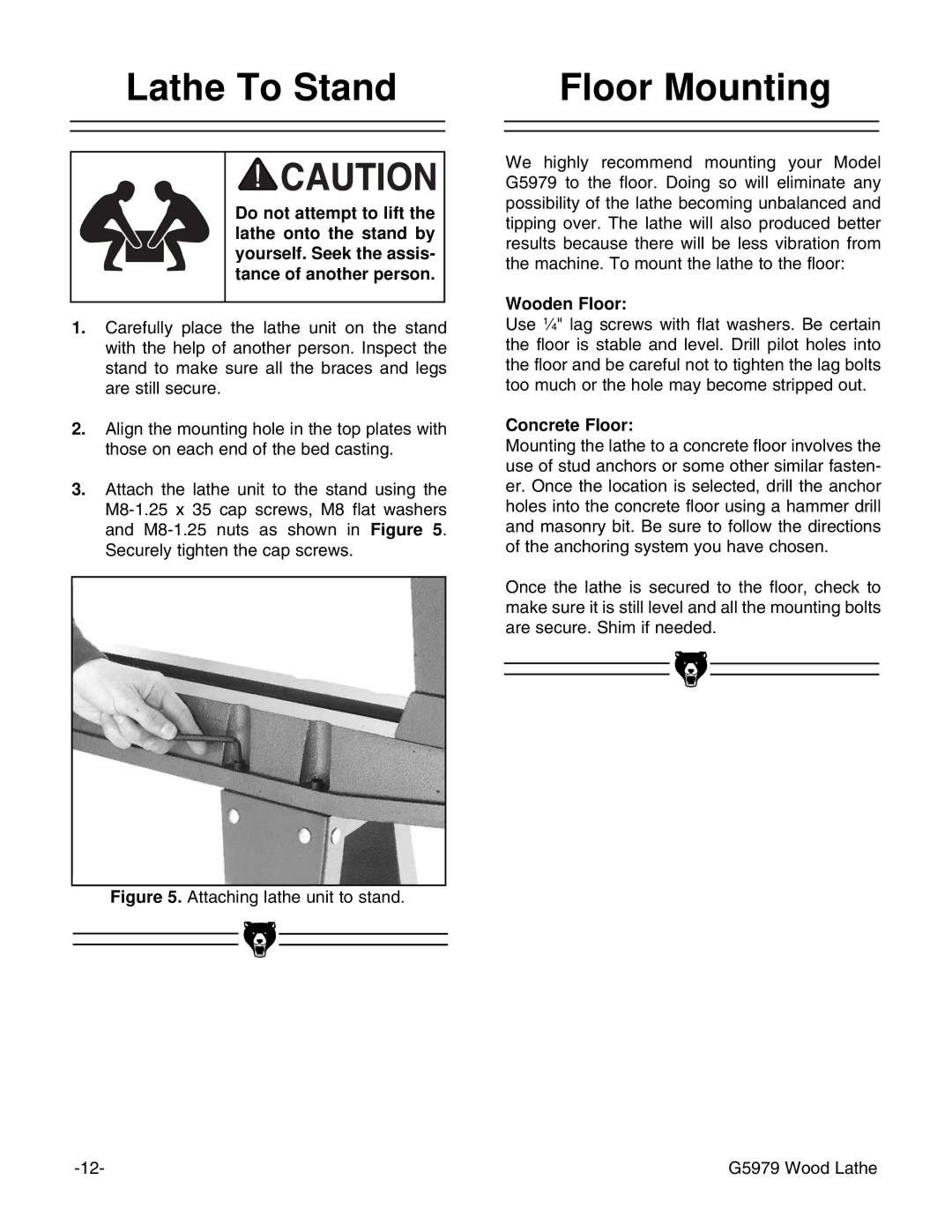 Grizzly G5979 instruction manual Lathe To Stand Floor Mounting, Wooden Floor 