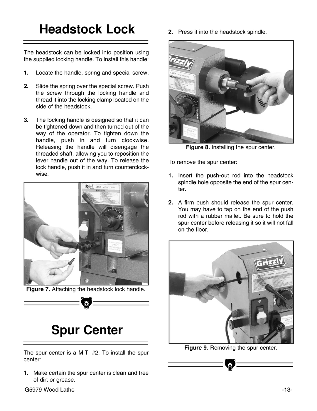 Grizzly G5979 instruction manual Headstock Lock, Spur Center 