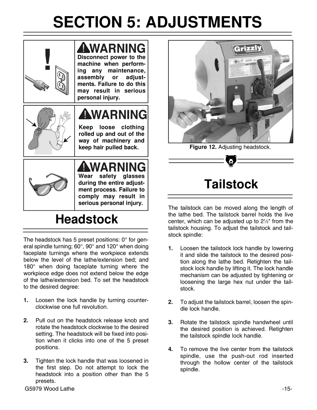 Grizzly G5979 instruction manual Adjustments, Headstock, Tailstock 