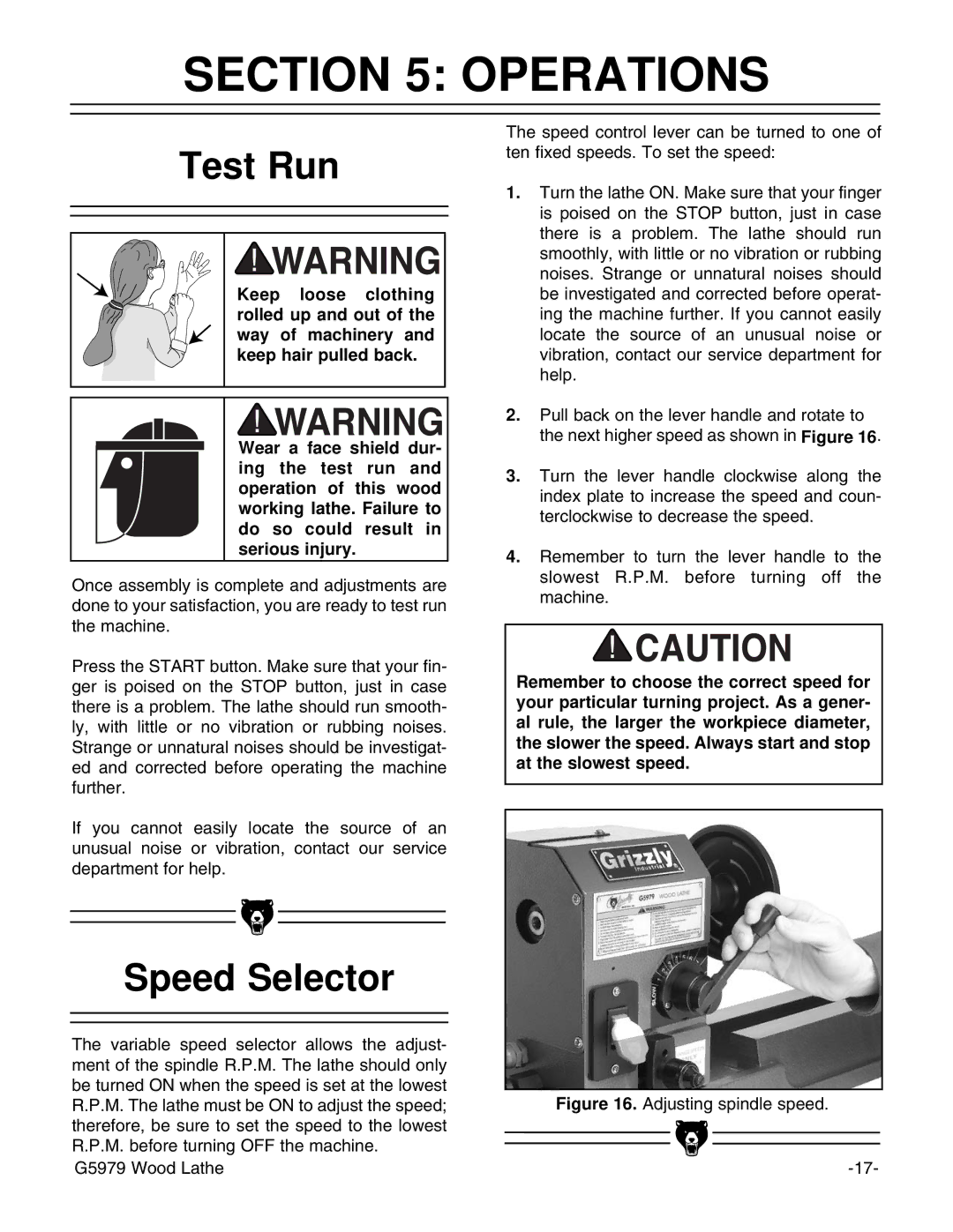 Grizzly G5979 instruction manual Operations, Test Run, Speed Selector 