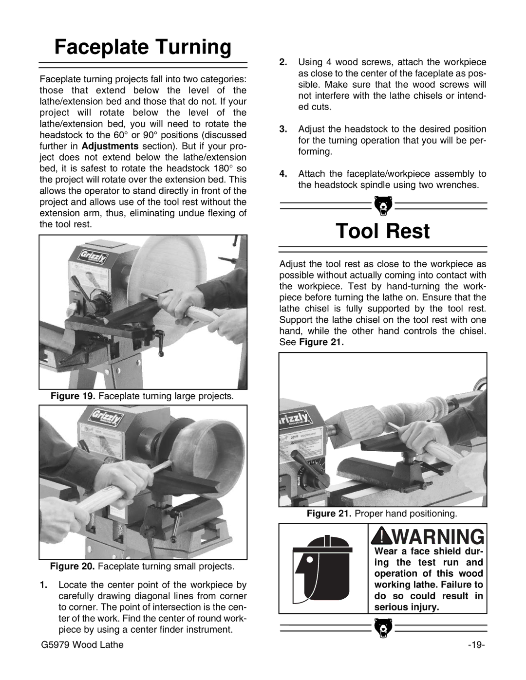 Grizzly G5979 instruction manual Faceplate Turning, Faceplate turning large projects 