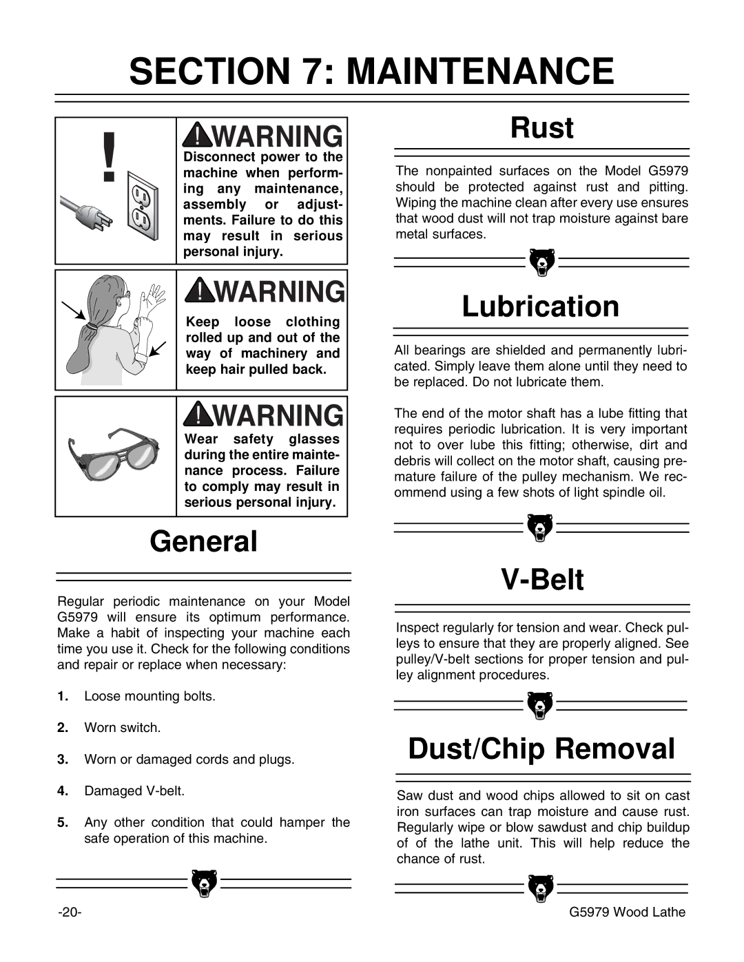 Grizzly G5979 instruction manual Maintenance 