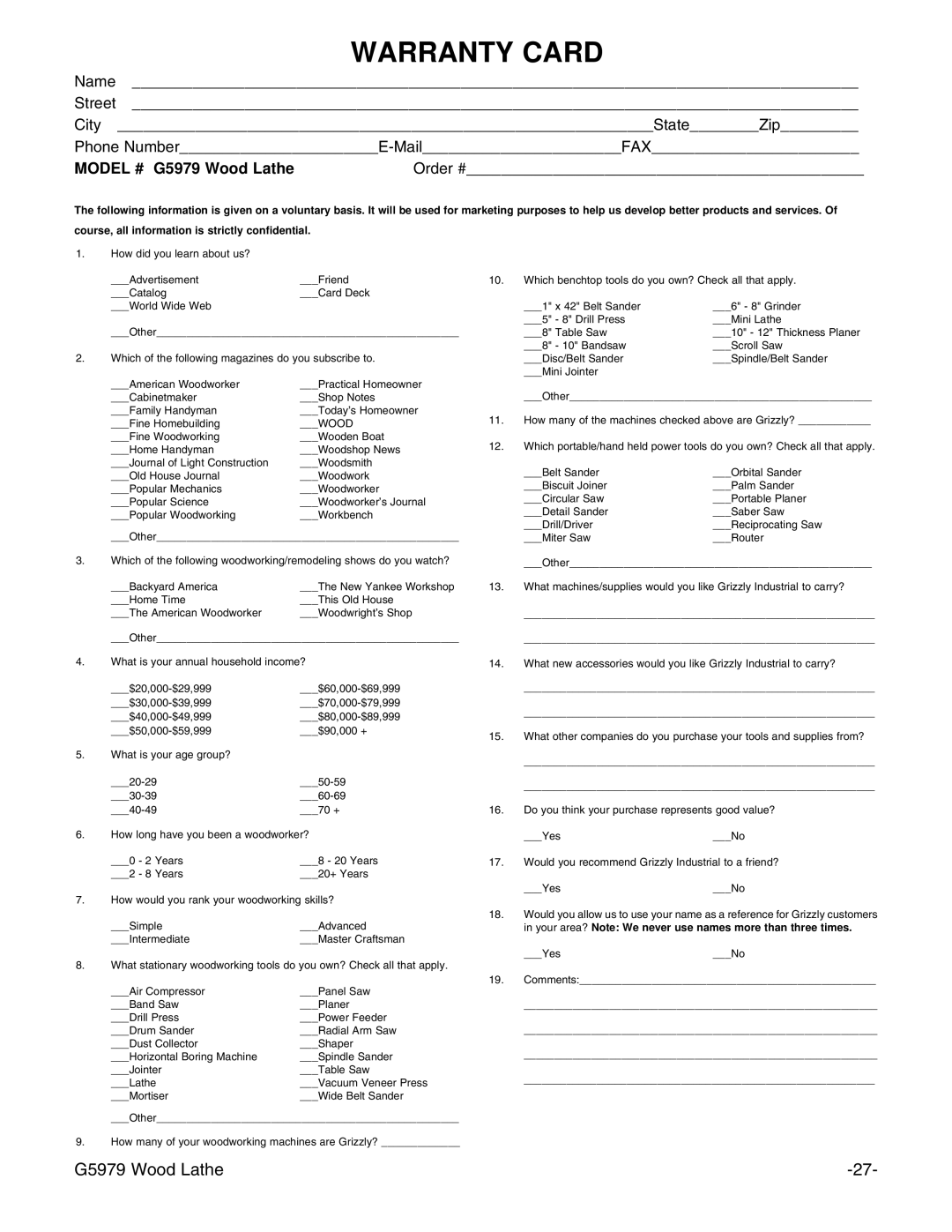 Grizzly G5979 instruction manual Warranty Card 