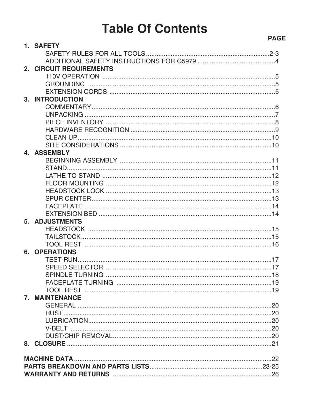 Grizzly G5979 instruction manual Table Of Contents 