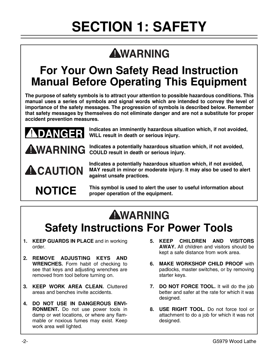 Grizzly G5979 instruction manual Safety Instructions For Power Tools 