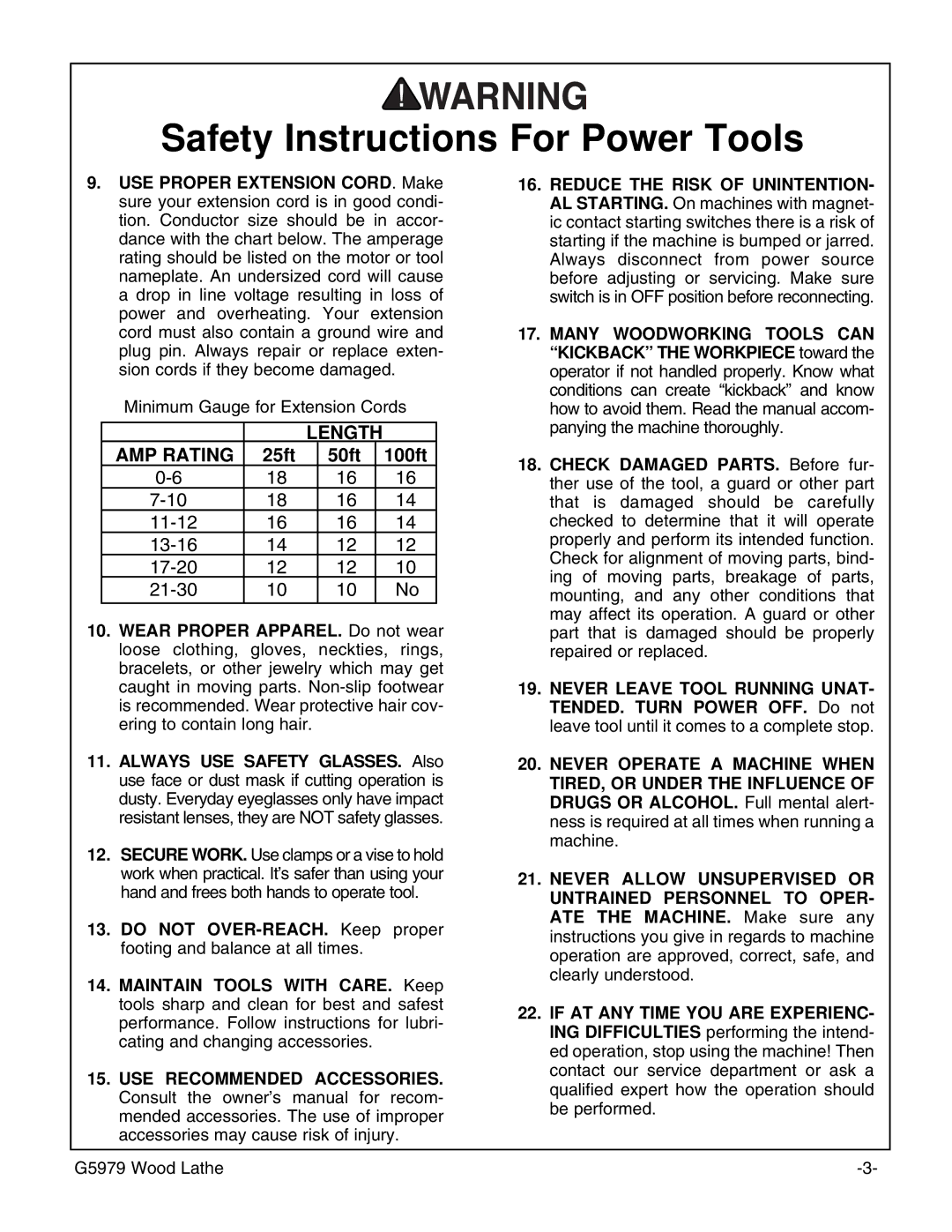 Grizzly G5979 instruction manual Length AMP Rating 