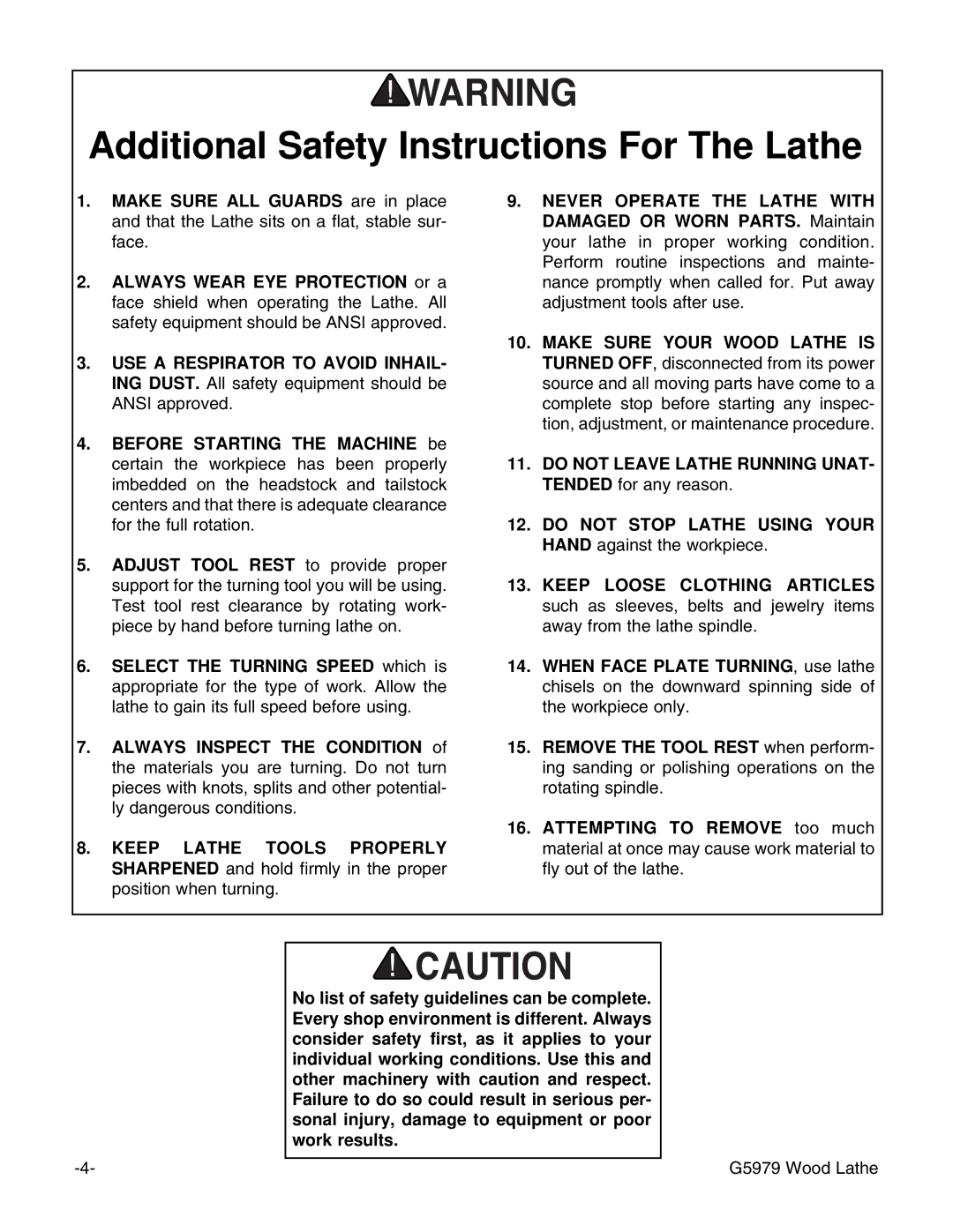 Grizzly G5979 instruction manual Additional Safety Instructions For The Lathe 