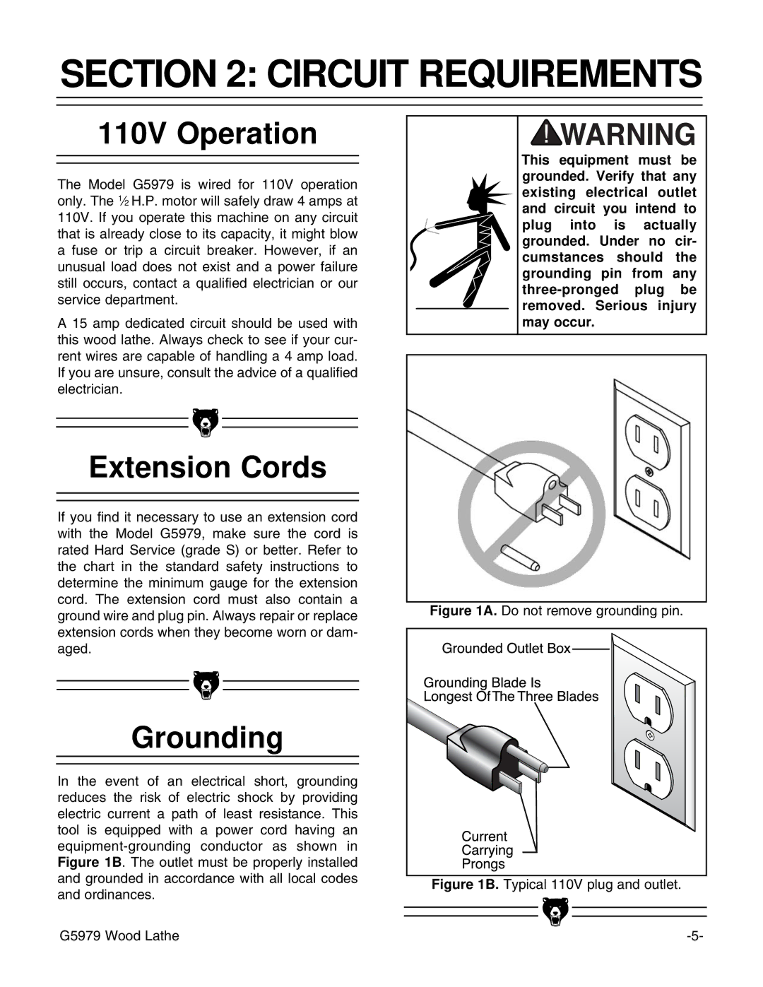 Grizzly G5979 instruction manual Circuit Requirements, 110V Operation, Extension Cords, Grounding 