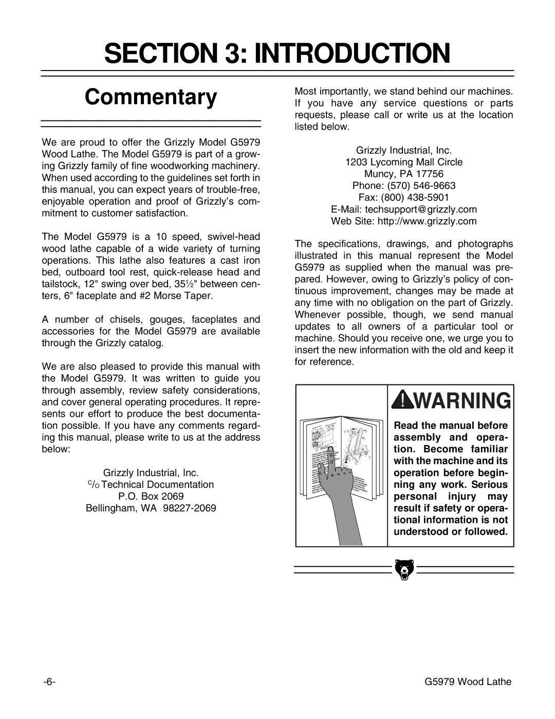 Grizzly G5979 instruction manual Introduction, Commentary 