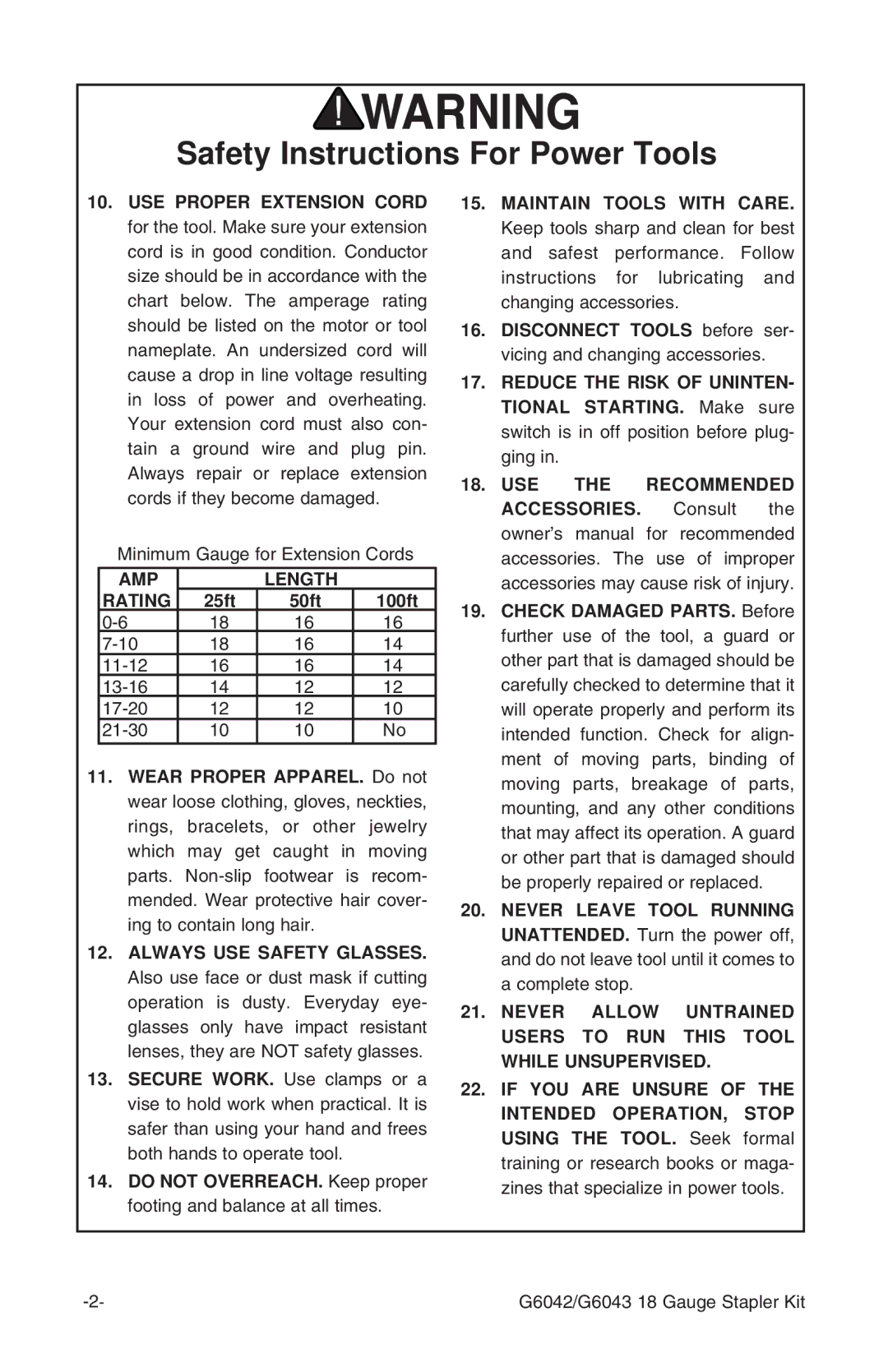 Grizzly G6042/3 instruction manual AMP Length Rating 