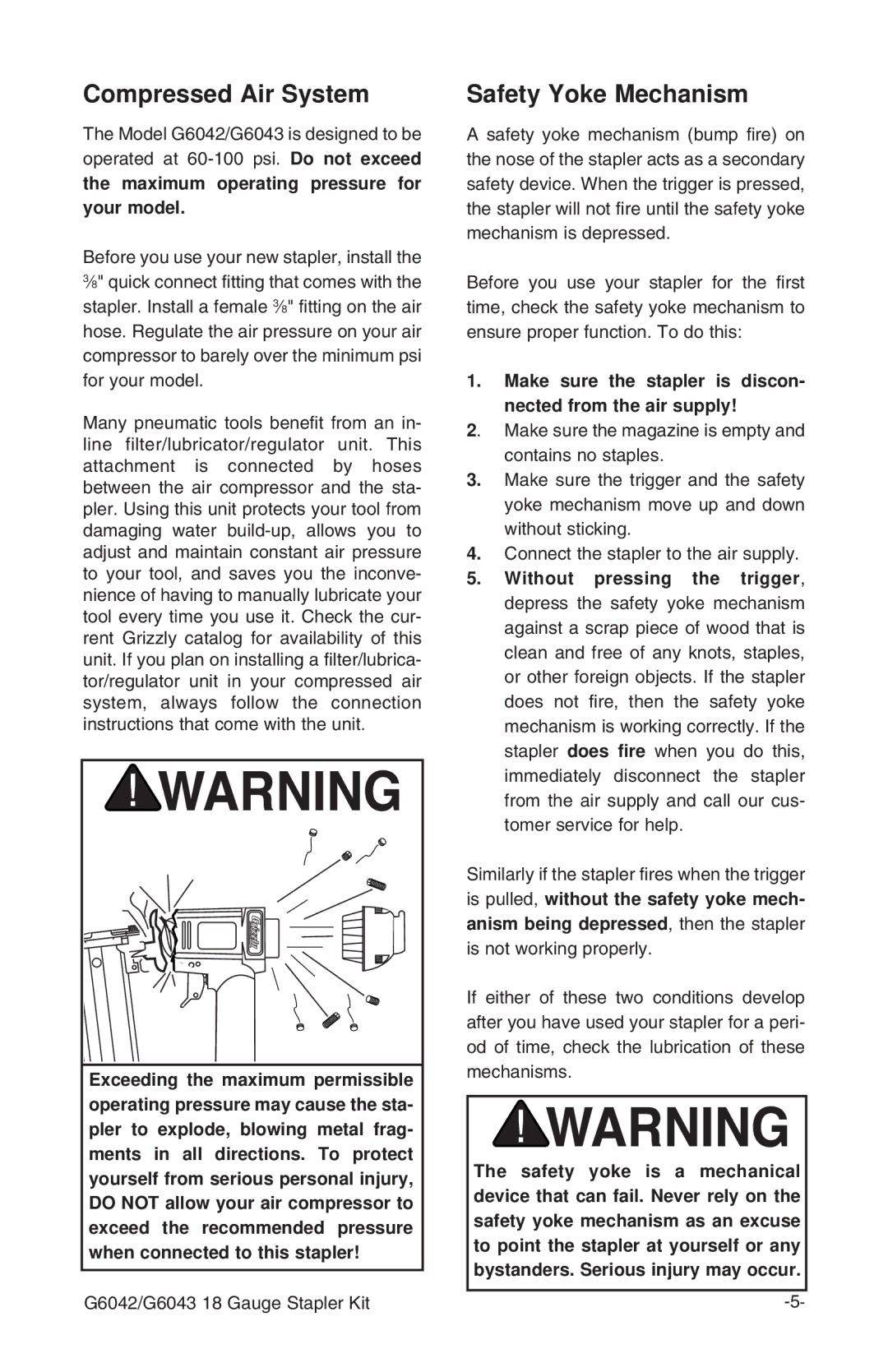 Grizzly G6042/3 instruction manual Compressed Air System, Safety Yoke Mechanism 