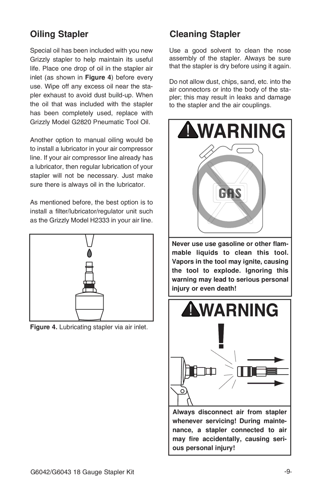 Grizzly G6043, G6042 instruction manual Oiling Stapler, Cleaning Stapler 