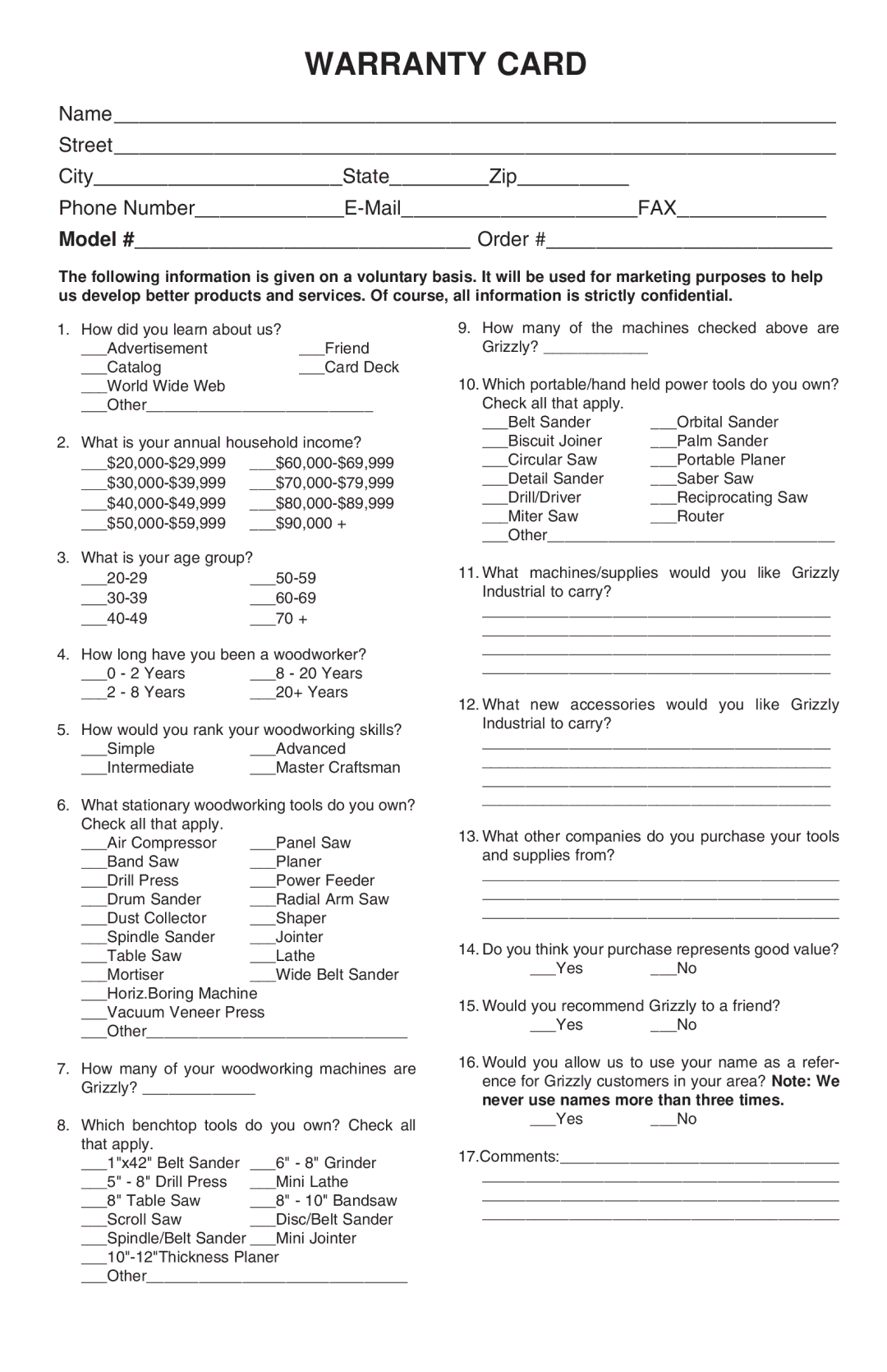 Grizzly G6042, G6043 instruction manual Warranty Card 