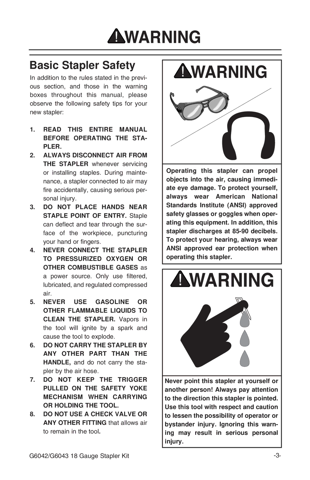 Grizzly G6043, G6042 instruction manual Basic Stapler Safety 